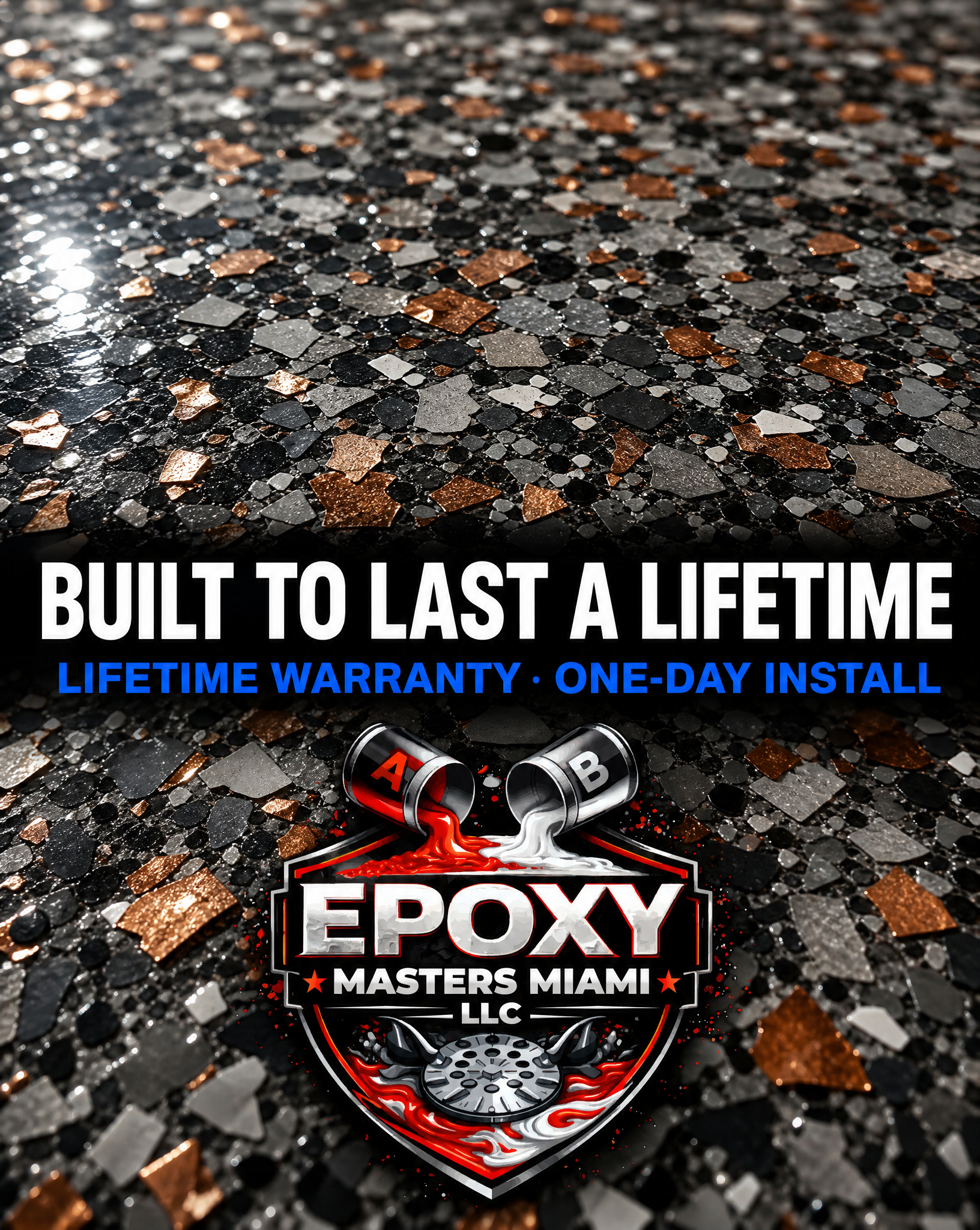 Epoxy masters miami Facebook ad: Lifetime warranty. One-day install.