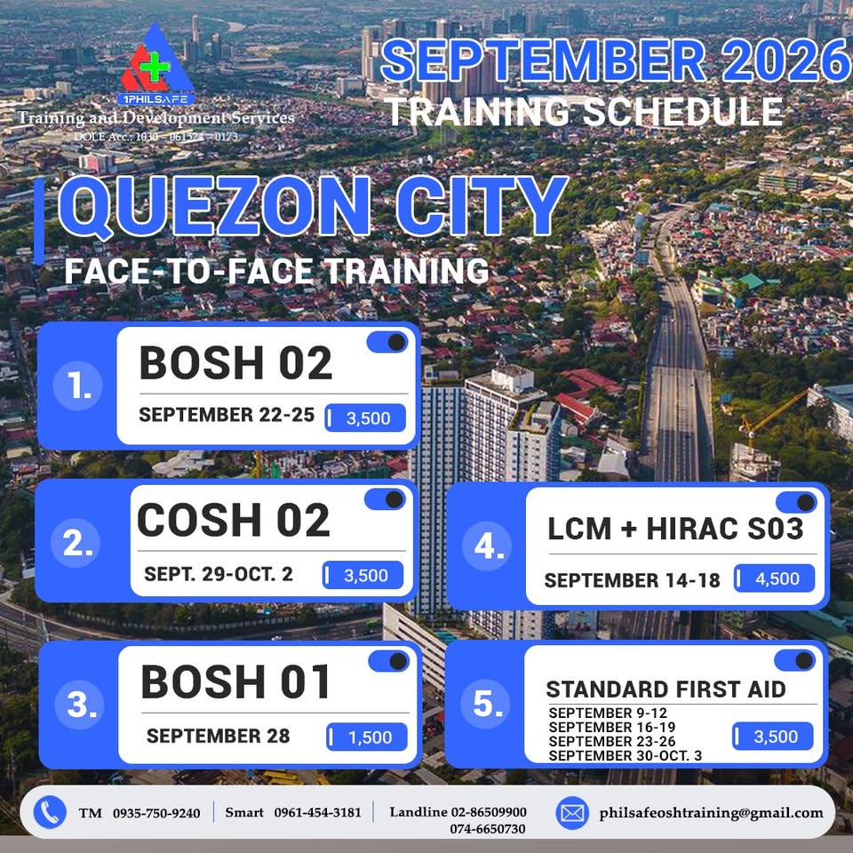 1philsafe Safety Training Center-Metro Manila Facebook ad: 𝐐𝐔𝐄𝐙𝐎𝐍 𝐂𝐈𝐓𝐘 𝐅𝐀𝐂𝐄 𝐓𝐎 𝐅𝐀𝐂𝐄; 𝗖𝗢𝗦𝗛…