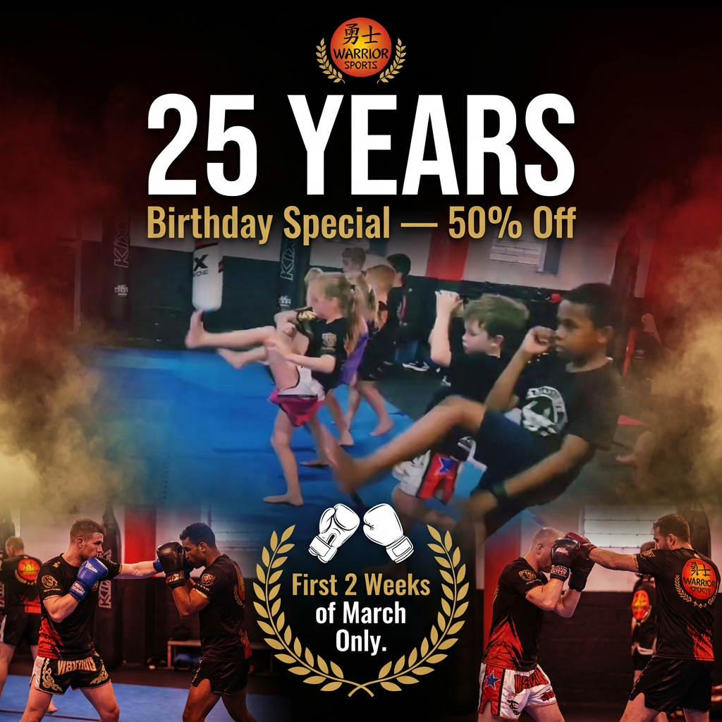 Warrior Sports and Fun-X-Tional Fitness Facebook ad: 25 Years. 50% Off. First 2 Weeks of March Only.