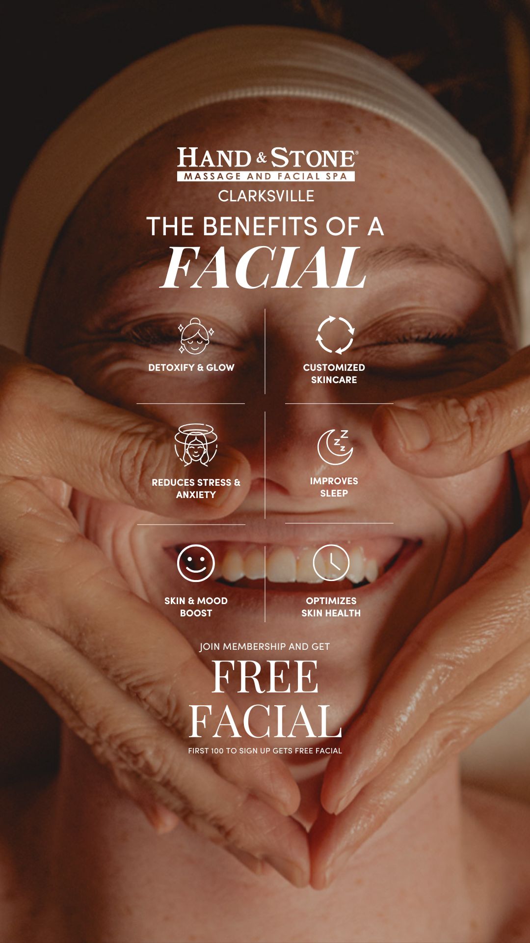 Hand & Stone Massage and Facial Spa Facebook ad: FREE Facial with Membership, Limited Time in Clarksville