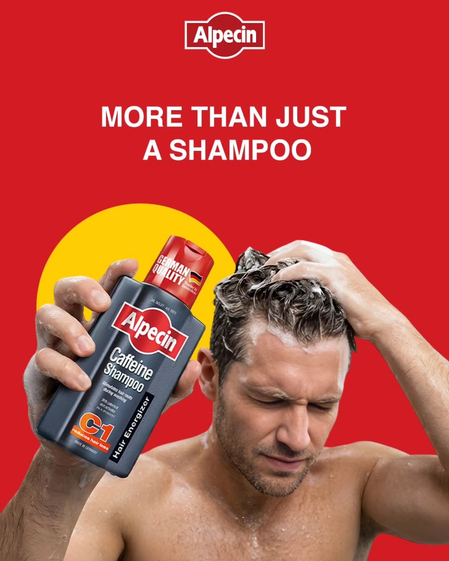 Alpecin Facebook ad: Alpecin Caffeine Shampoo C1 cleans your hair and…