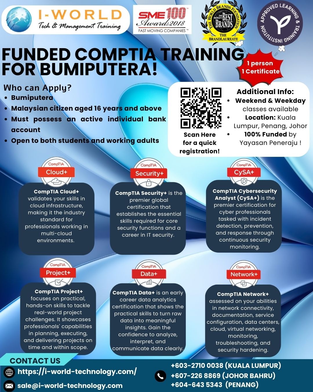 I-World Technology Facebook ad: 100% FUNDED CompTIA Certification for Bumiputera!