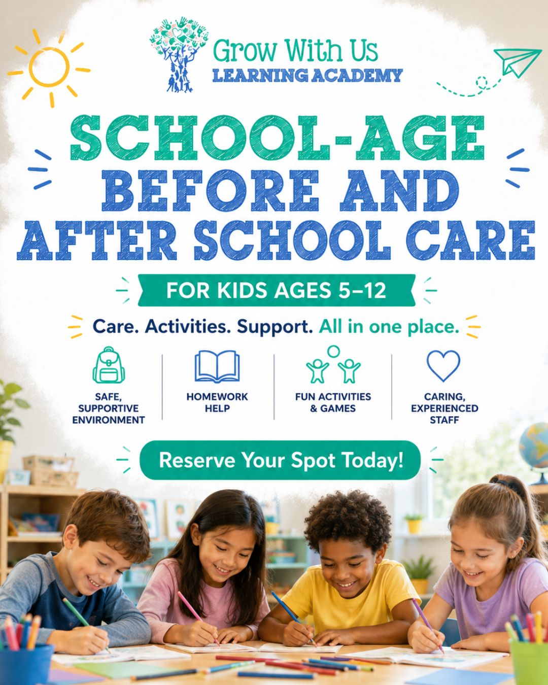Grow With Us Learning Academy Facebook ad: School-Age Before & After School Care