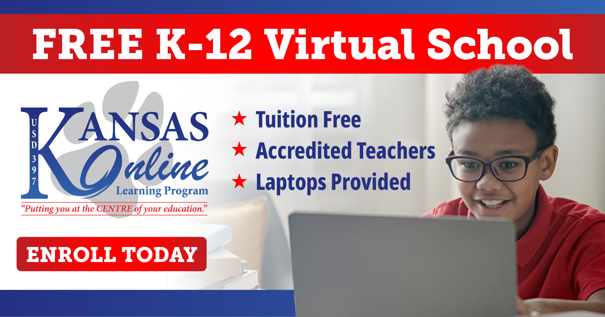 The Kansas Online Learning Program Facebook ad: FREE K-12 Virtual School
