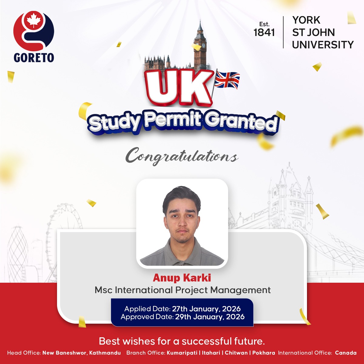 Goreto Consultancy Facebook ad: Congratulations all for UK Study Permit 2026 already