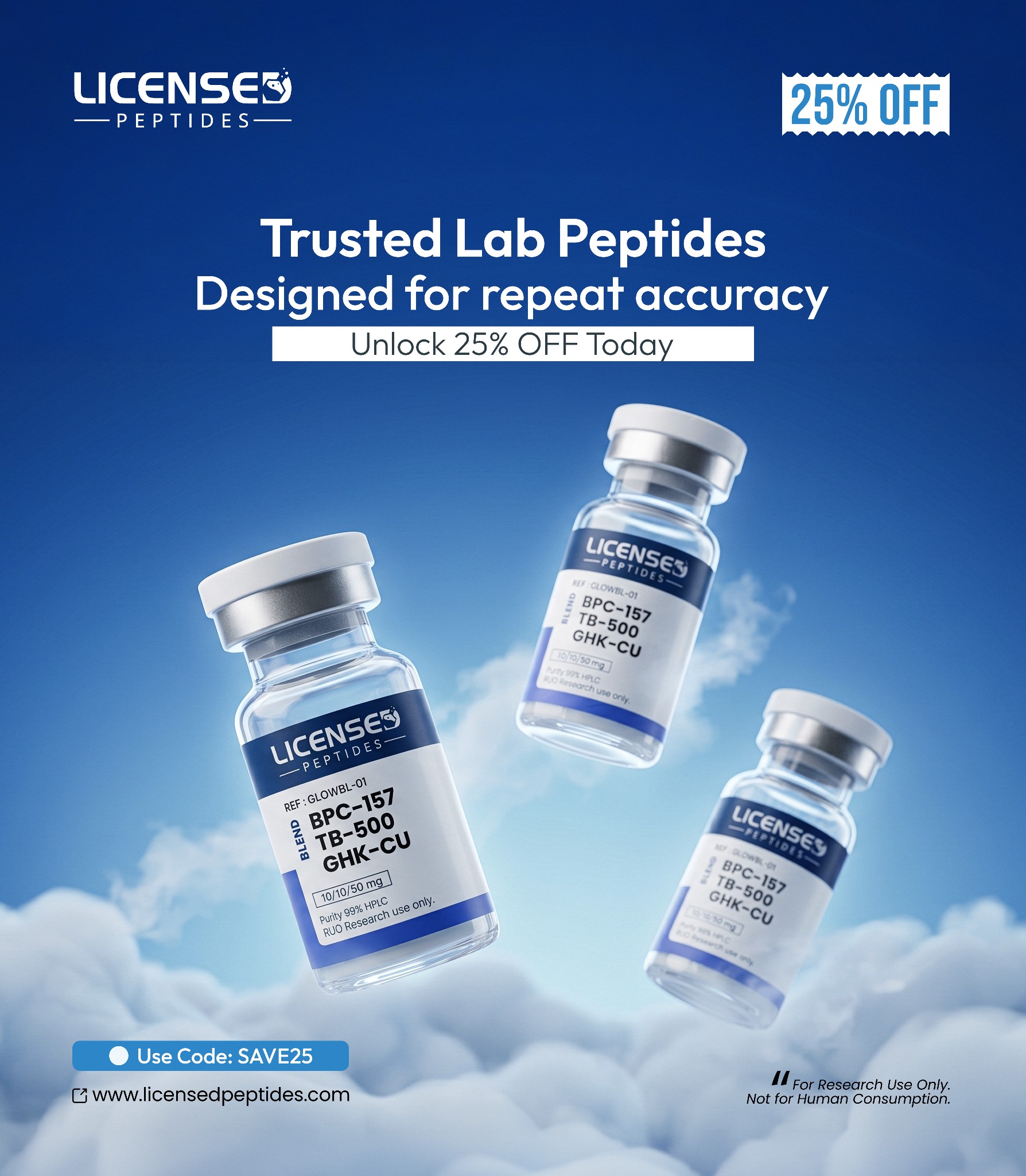 LicensedPeptides.com Facebook ad: Take 25% Off Today