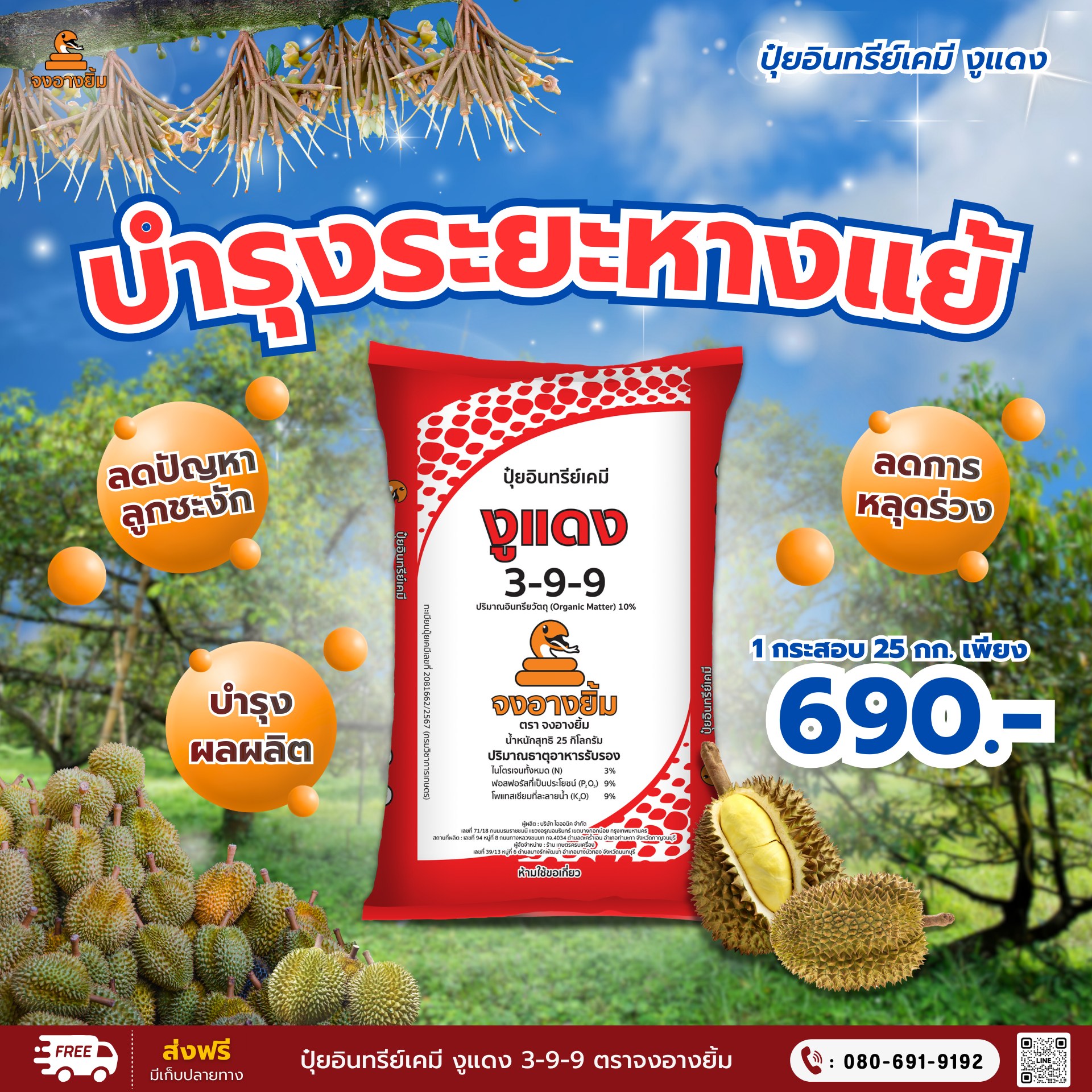 ปุ๋ย ตรา จงอางยิ้ม - เพจหลักบริษัท Facebook ad: ทุเรียนระยะหางแย้