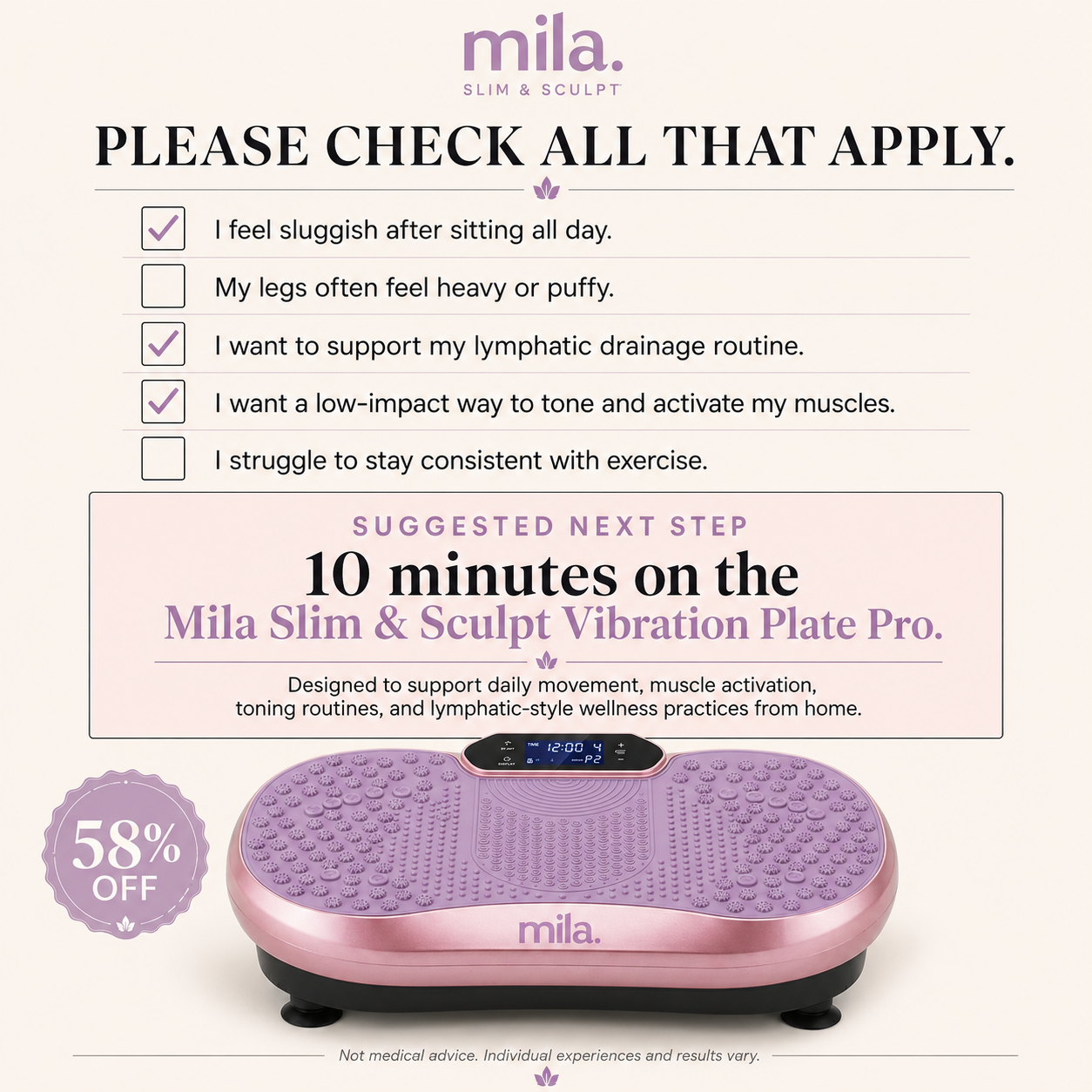 Mila Pilates Facebook ad: #1 Vibration Plate for Women