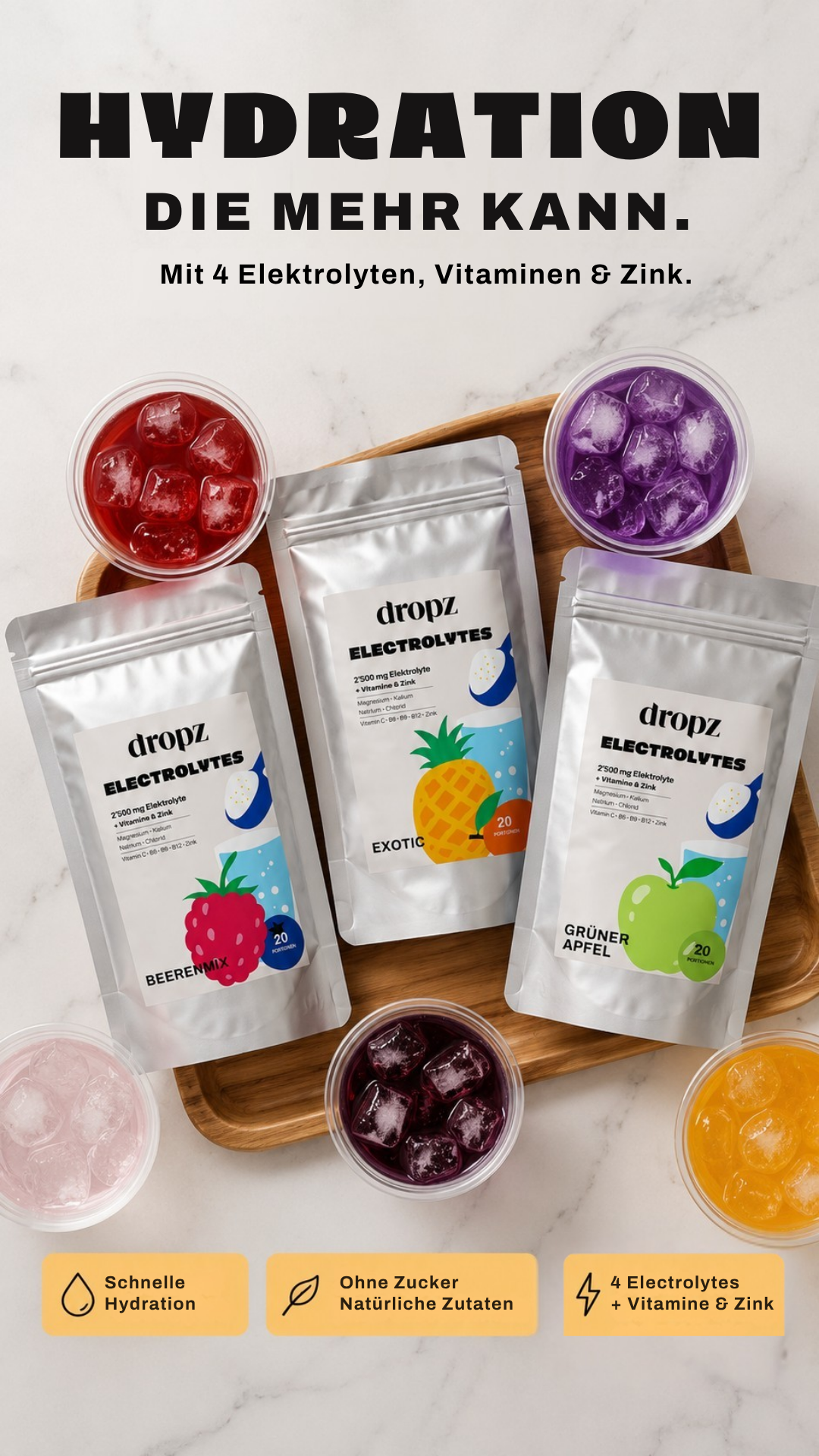 dropz Facebook ad: Hydration mit wichtigen Elektrolyten