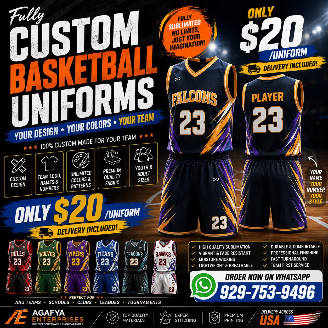 Agafya Enterprises Facebook ad: CUSTOM BASKETBALL UNIFORMS, ONLY $20/SET!