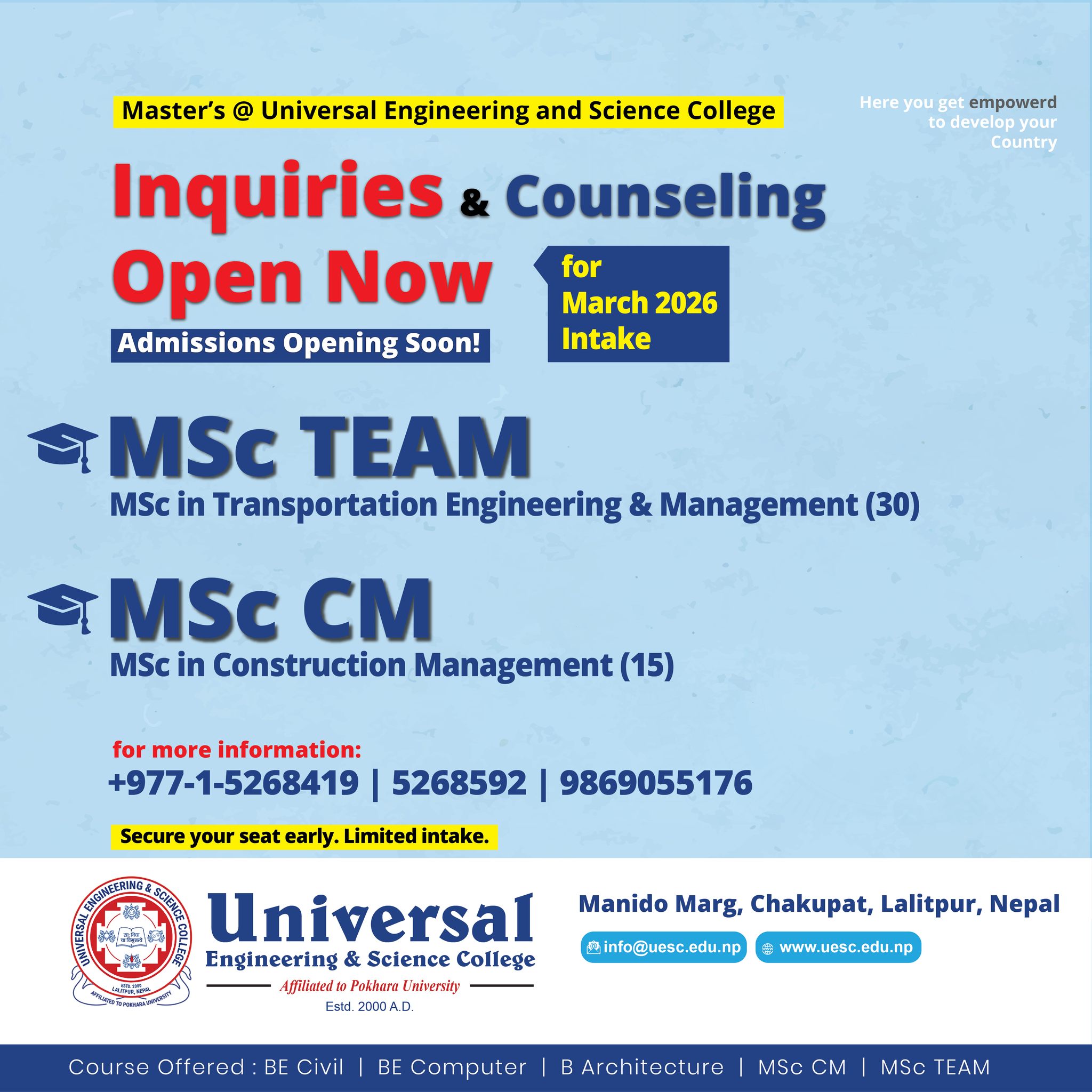 Universal Engineering & Science College Facebook ad: Inquiries & Counseling Open Now!