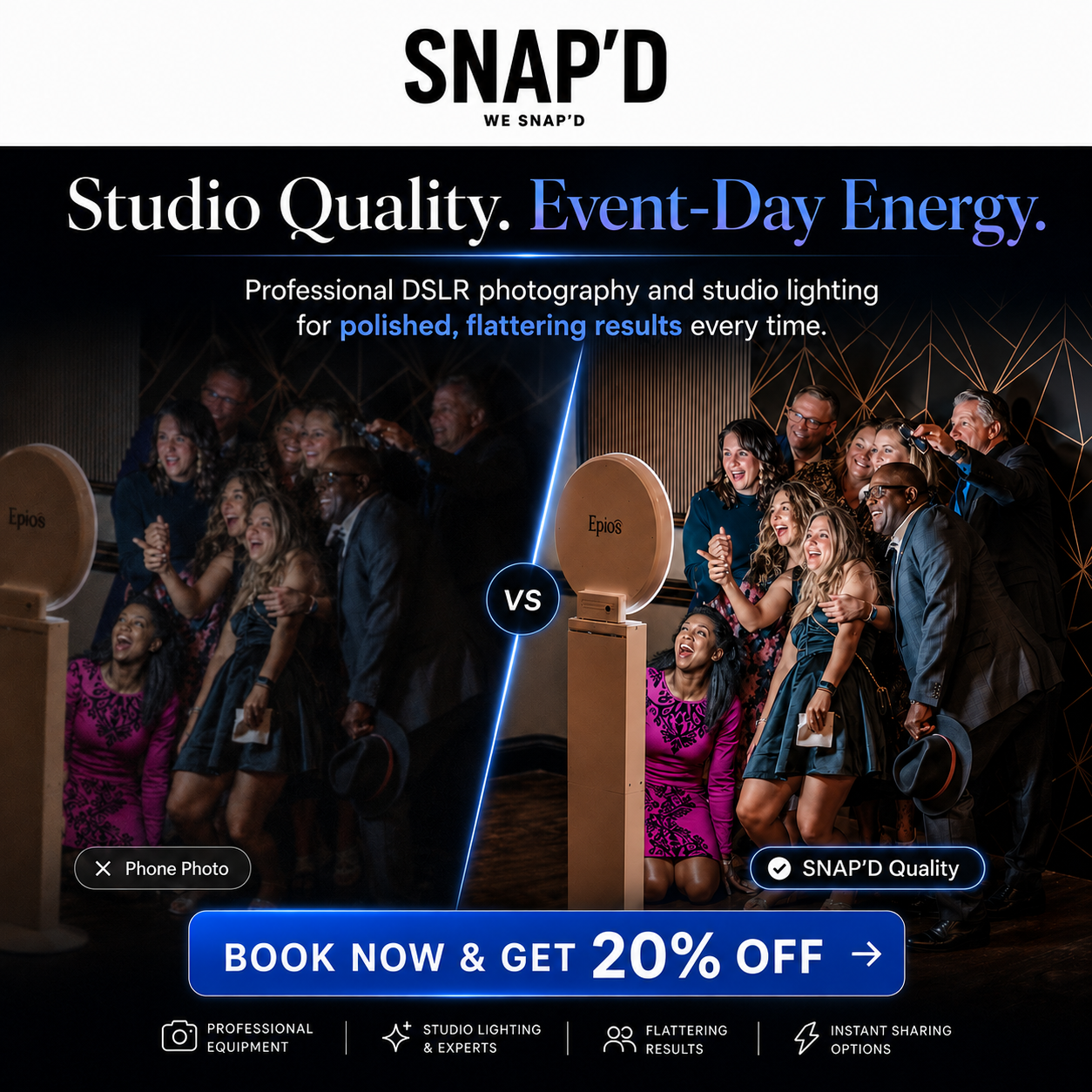 Snap’d - Photo-Booth Rental Facebook ad: Book This Week, Save 20%