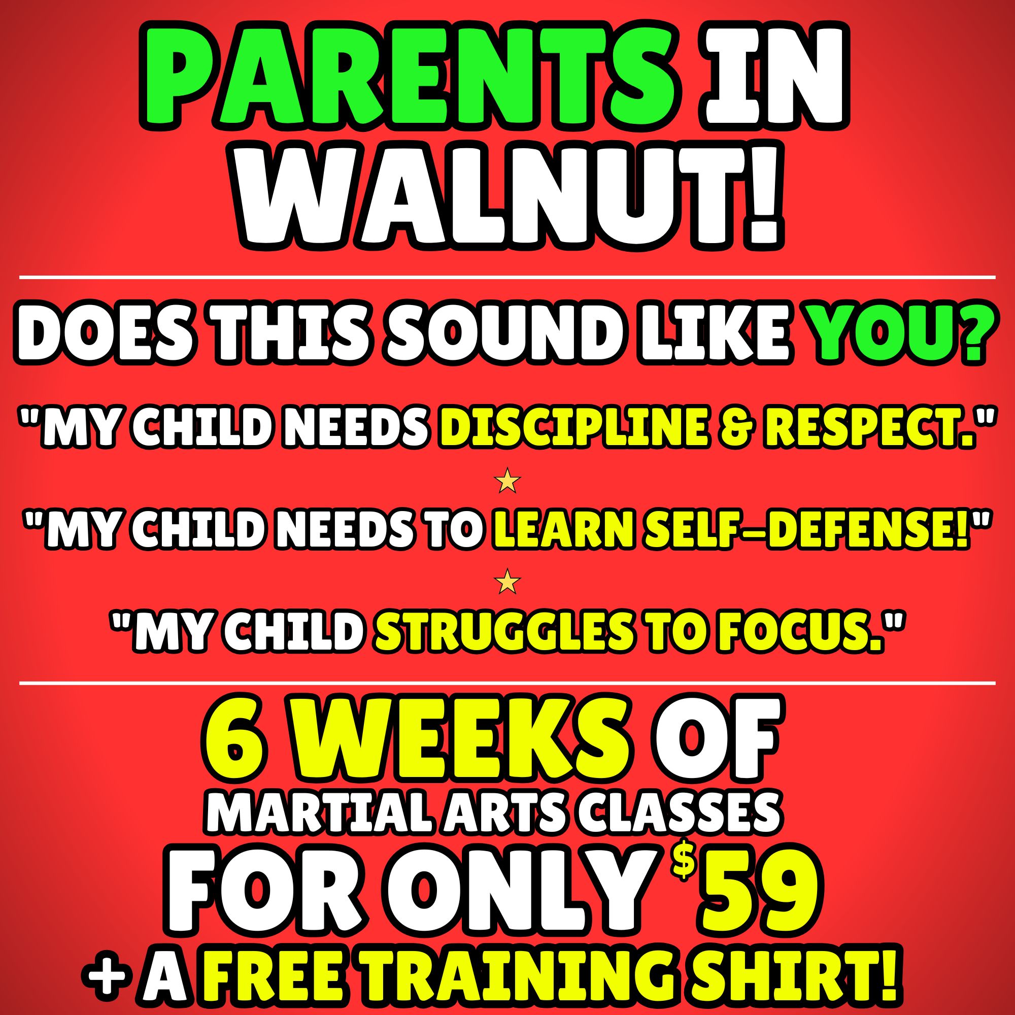 Yusan Taekwondo Academy Facebook ad: 6 Weeks of Discipline & Fun + FREE Training Shirt!