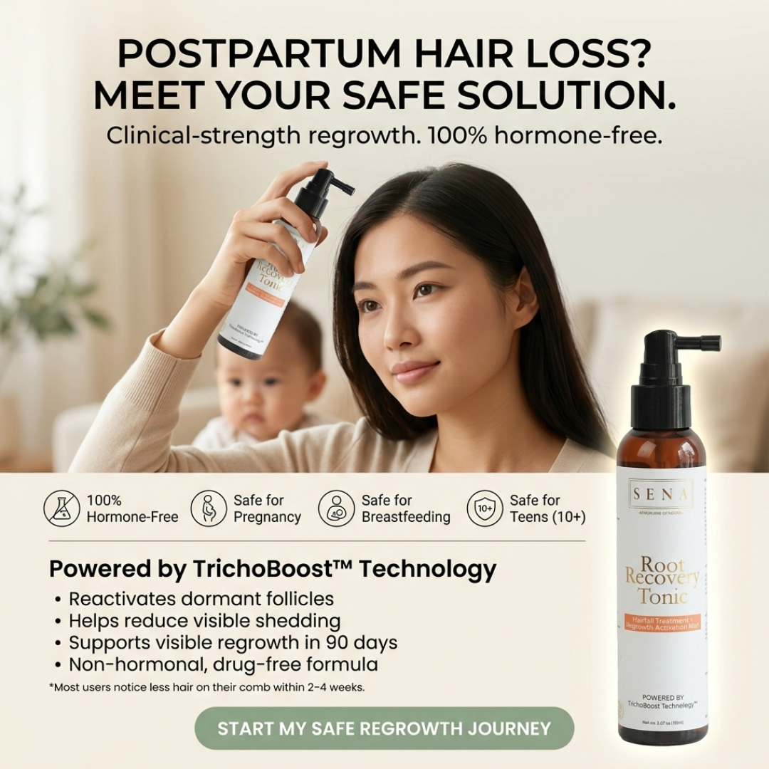SENA HQ Facebook ad: POSTPARTUM HAIR FALL? Don’t Risk Your Health for Regrowth.