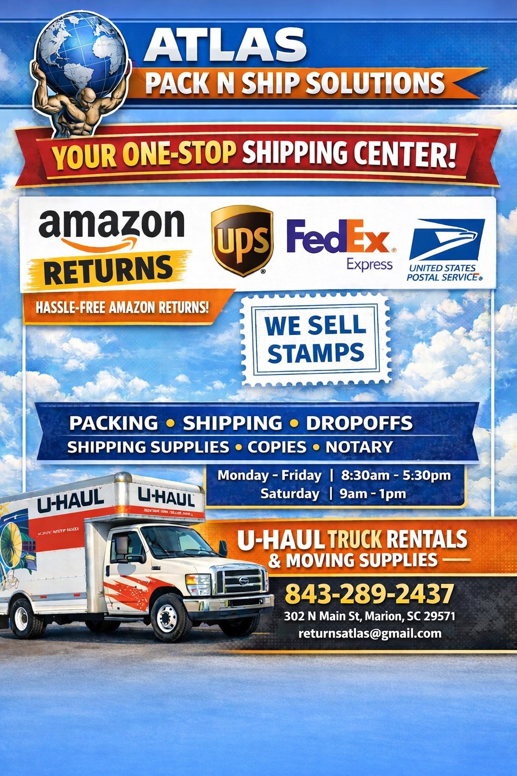 Atlas Pack n Ship Solutions Facebook ad: We are here to help you with all…