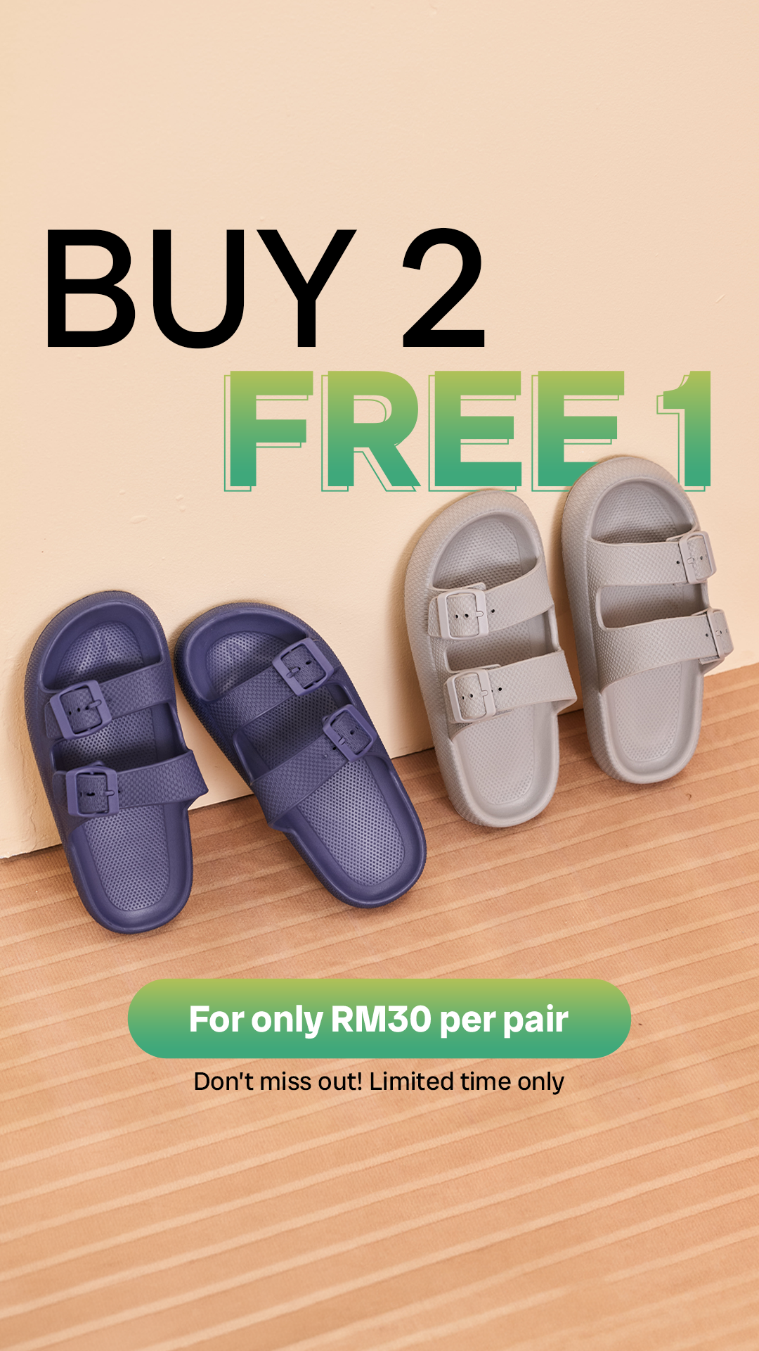 Maxy Slipper Facebook ad: Buy 2, Get 1 FREE, From RM30!