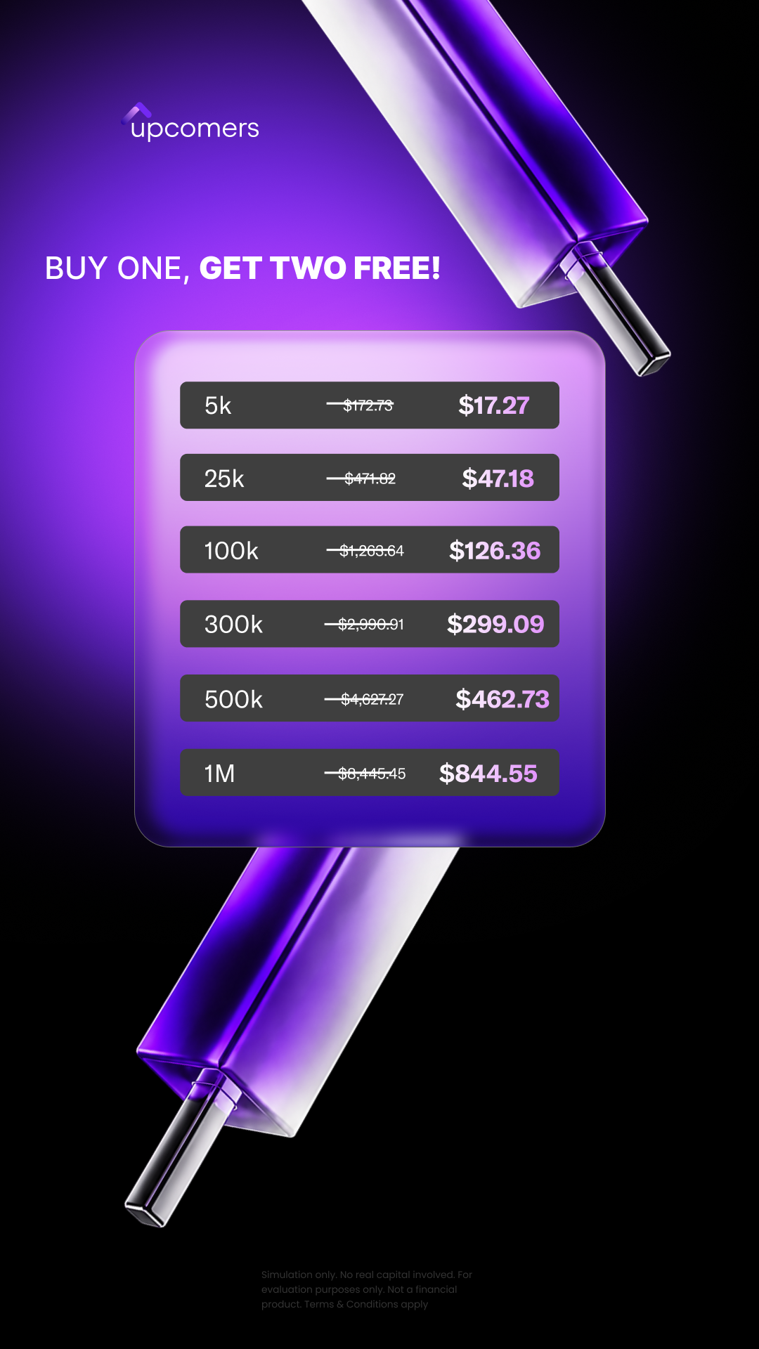 Upcomers.com Facebook ad: 90% OFF & 2 FREE