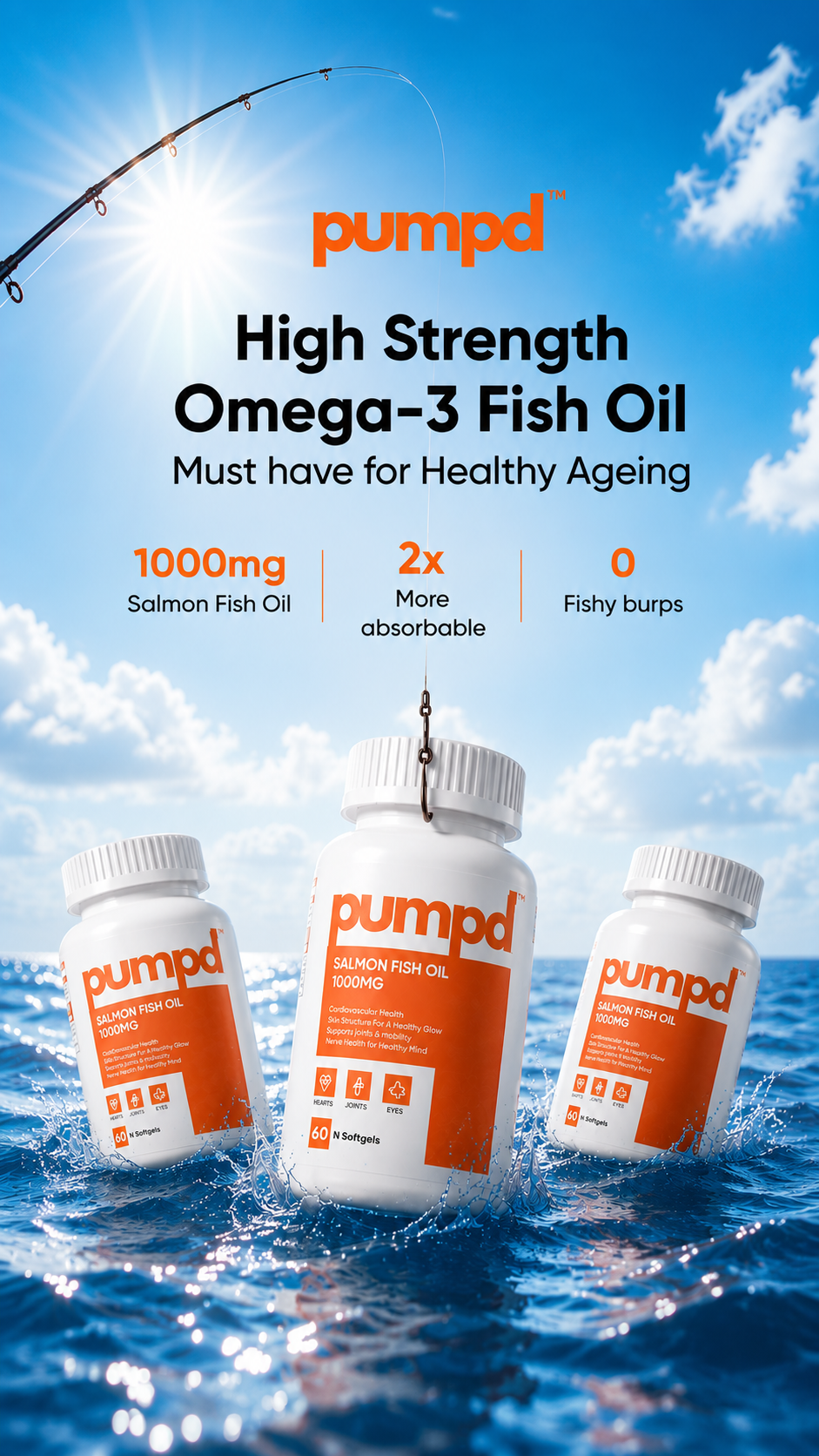 Pumpd Facebook ad: Pure source of Omega-3 at less than 𝟲₹/𝗱𝗮𝘆