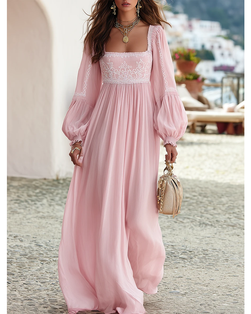 LuneMuse Facebook ad: Resort Style Square Neck Long Sleeve Embroidered Chiffon…
