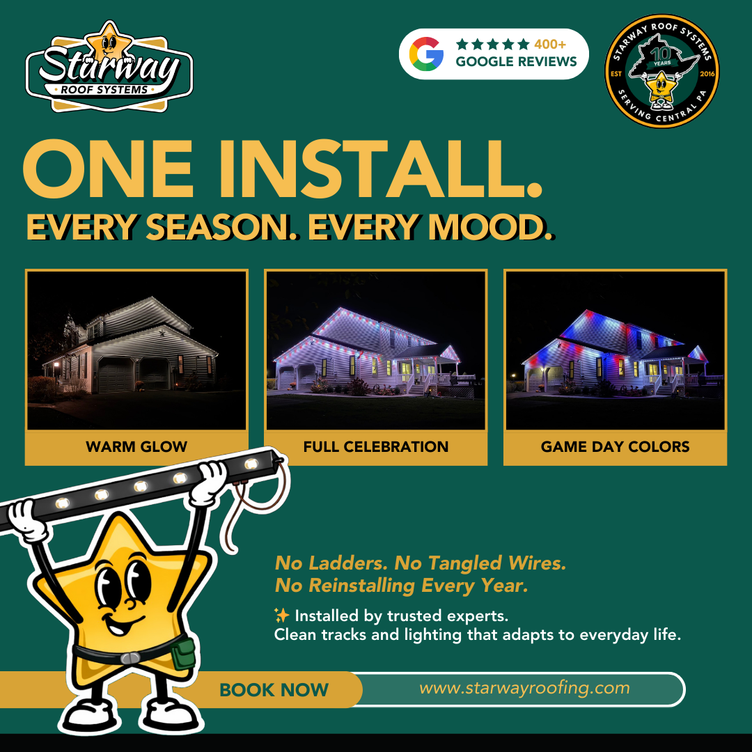 Starway Roof Systems Facebook ad: Permanent Outdoor Lighting That Elevates Your Home Night…