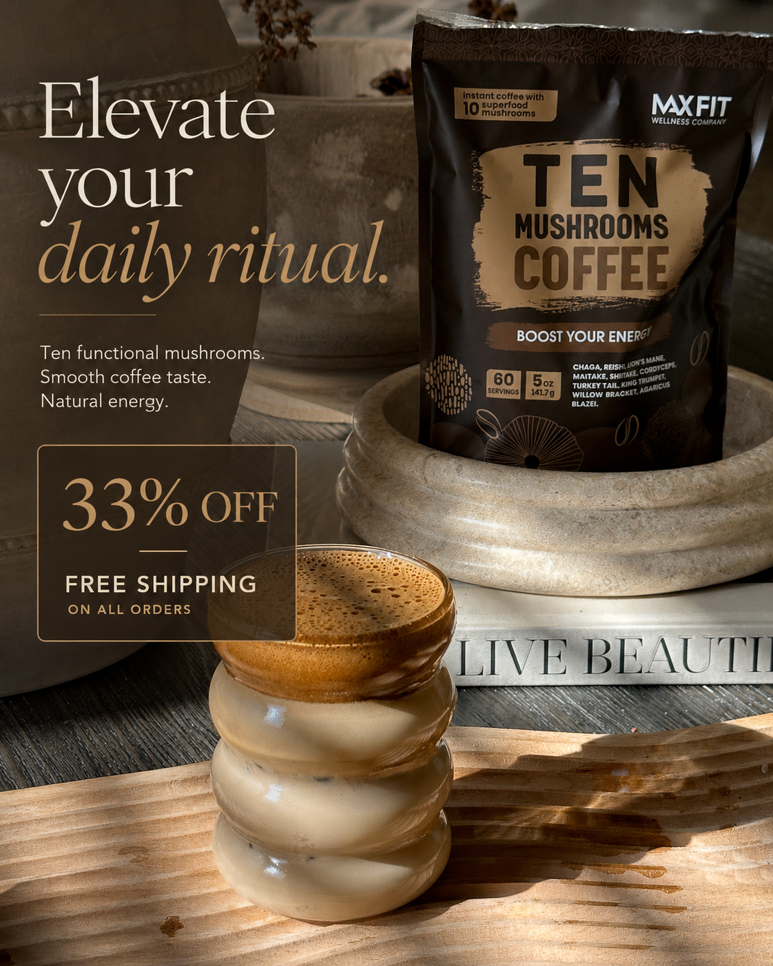 Max Fit Wellness Facebook ad: Instant Mushroom Coffee, 33% OFF