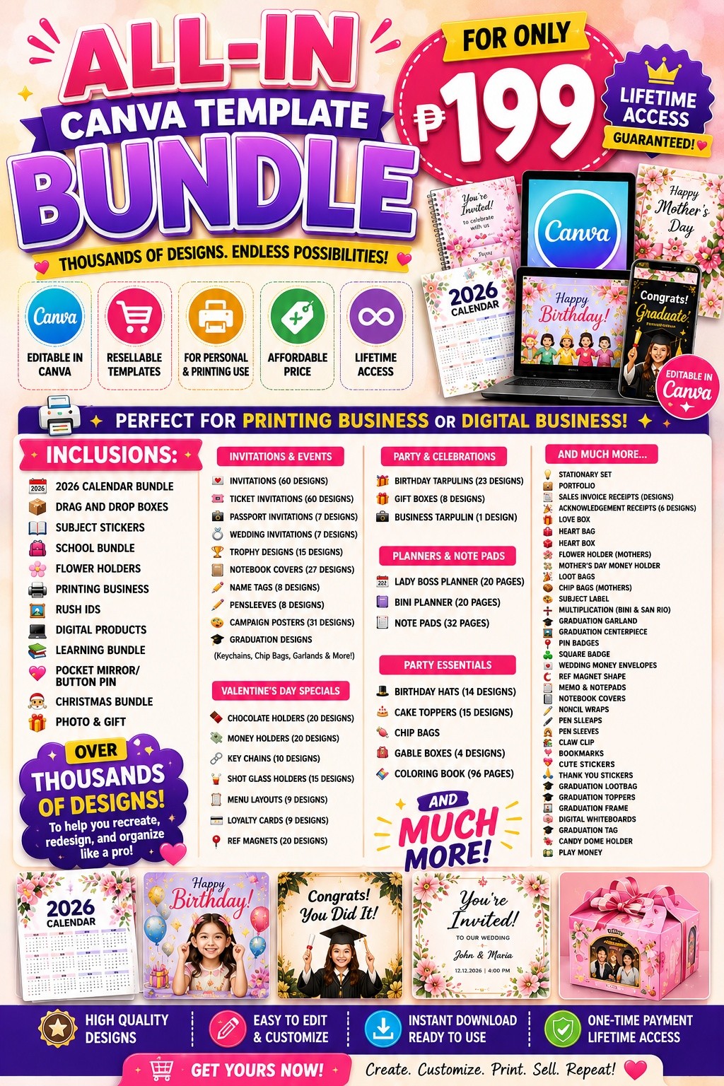 Zyaine Creatives Facebook ad: ALL-IN CANVA TEMPLATE BUNDLE for ONLY ₱199!