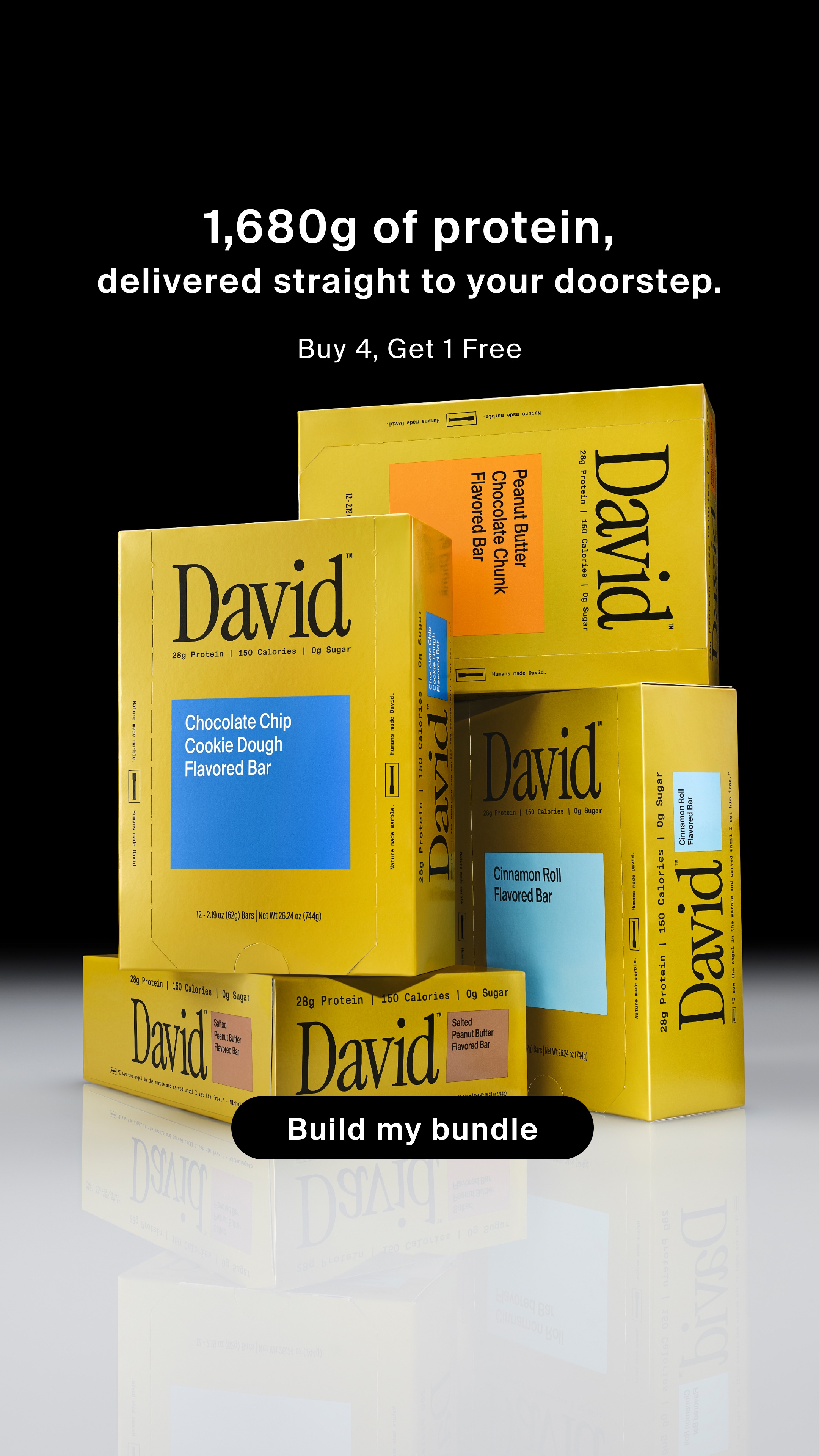 David Protein Facebook ad: 28g Protein. 150 Calories. 0g Sugar.