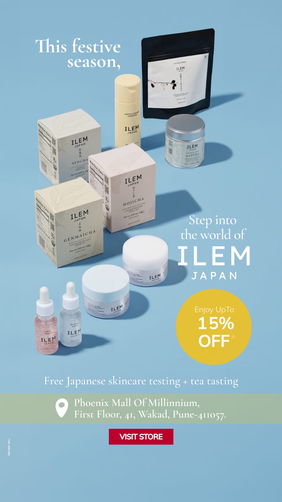 ILEM JAPAN Facebook ad: Free Skincare Testing & Tea Tasting