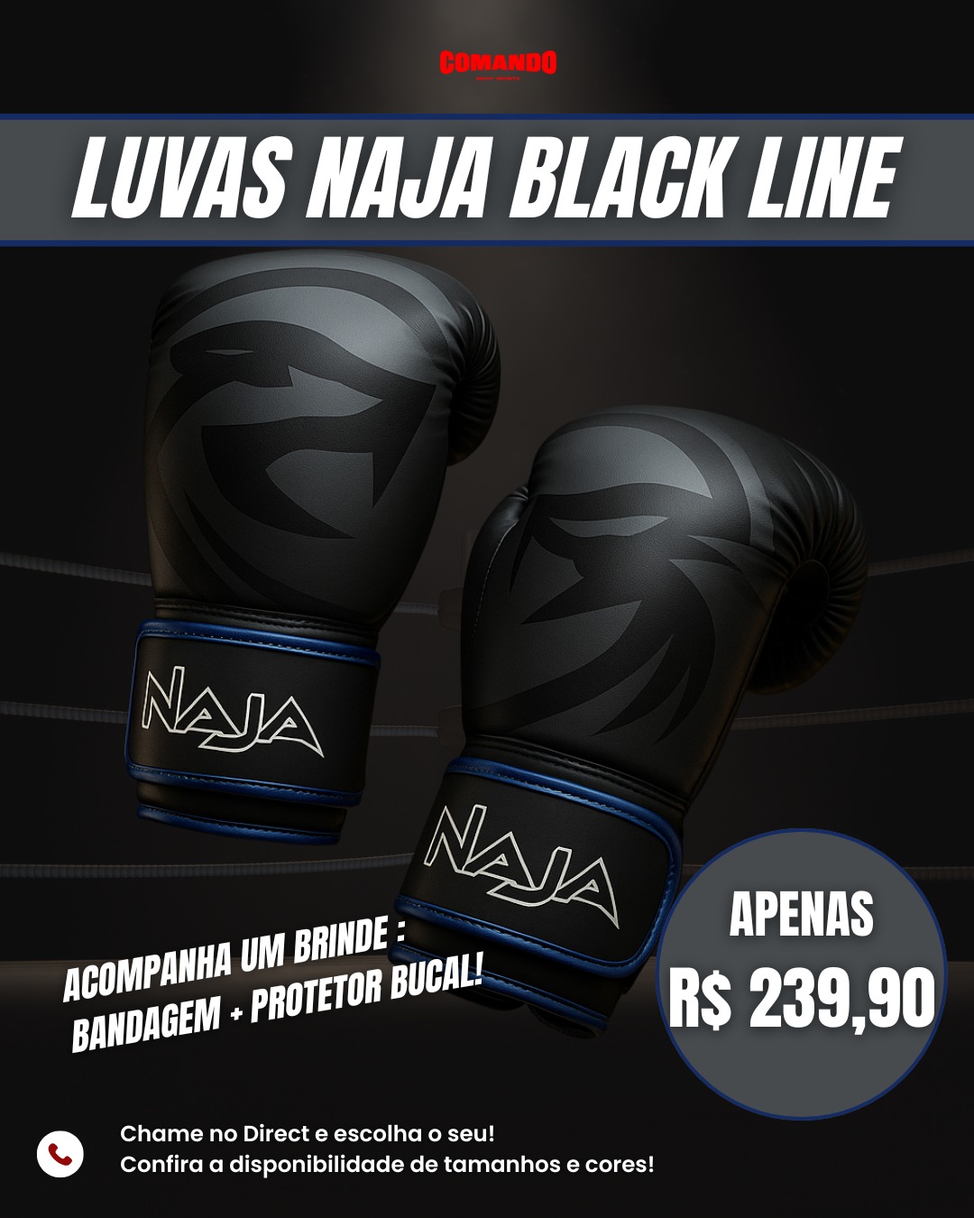 Comando Fight Sports Facebook ad: Luvas Naja, Performance e Estilo em Cada Golpe!