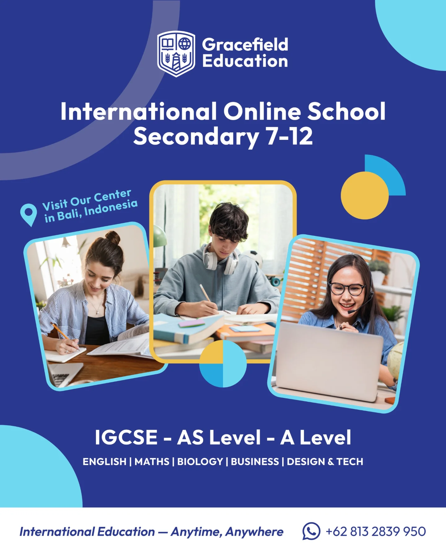 Gracefield Education Facebook ad: Join an international online school where students learn…