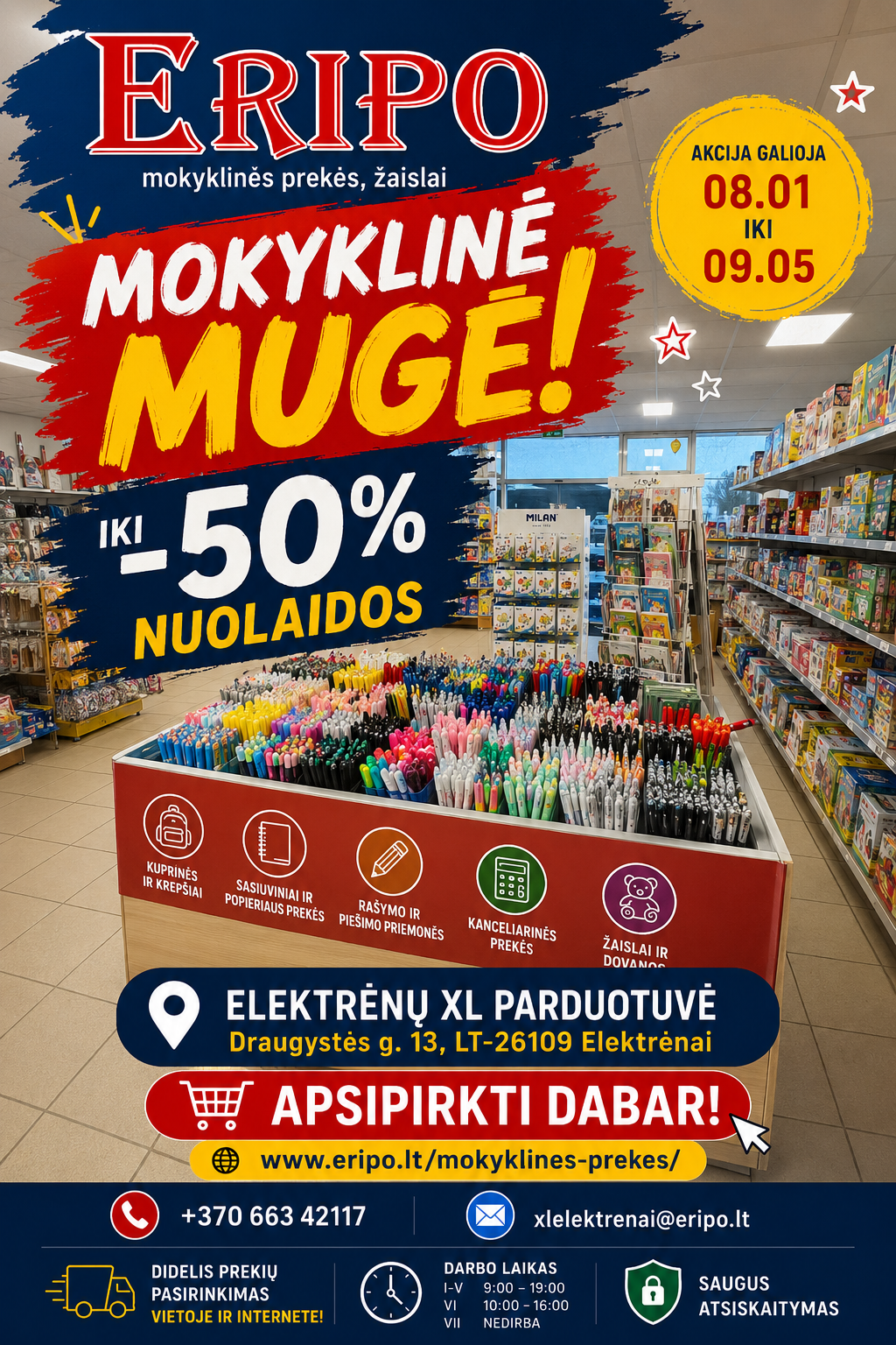Eripo - mokyklinės prekės, žaislai Facebook ad: Viskas mokyklai Elektrėnuose, iki -50 %
