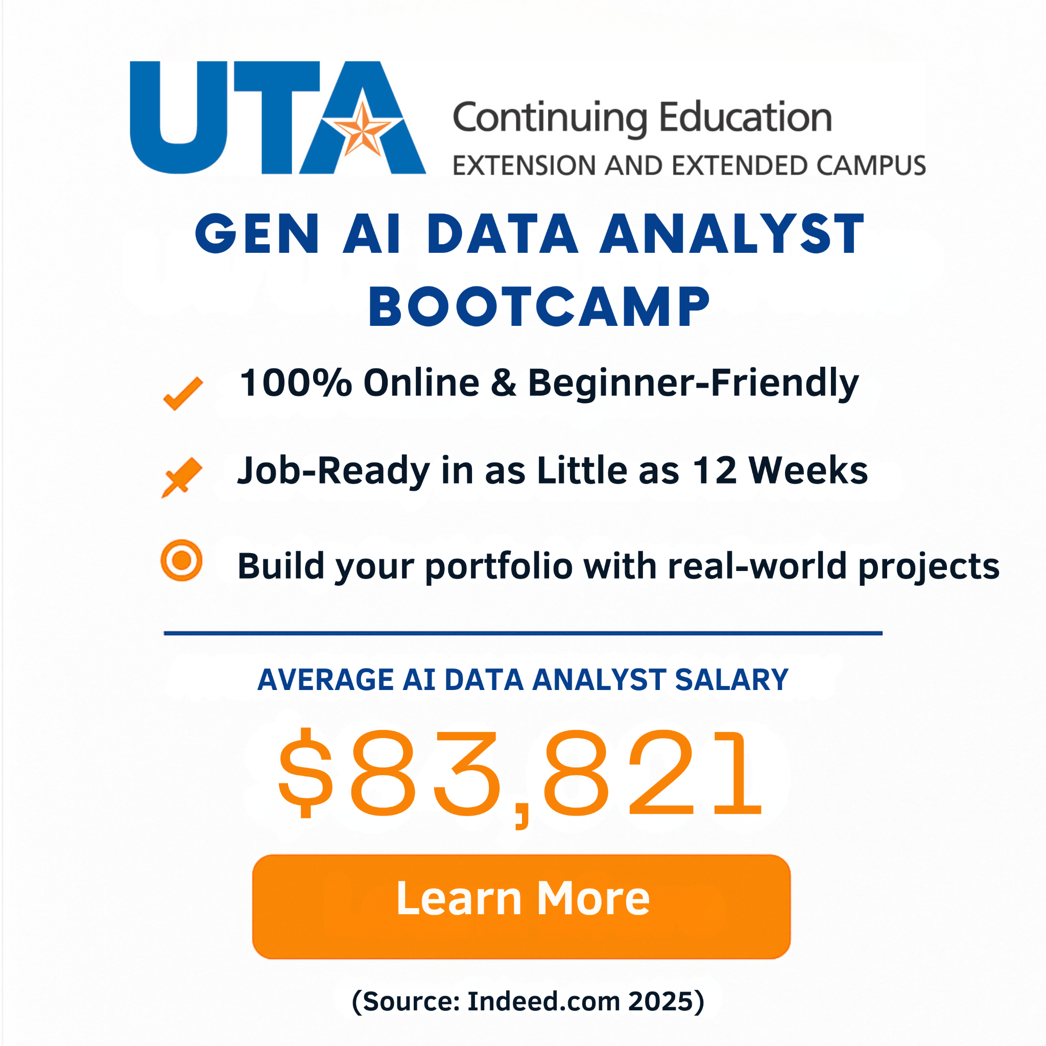 UT Arlington Continuing Education - with WorkforceInstitute.io Facebook ad: Gen AI Data Analyst Bootcamp