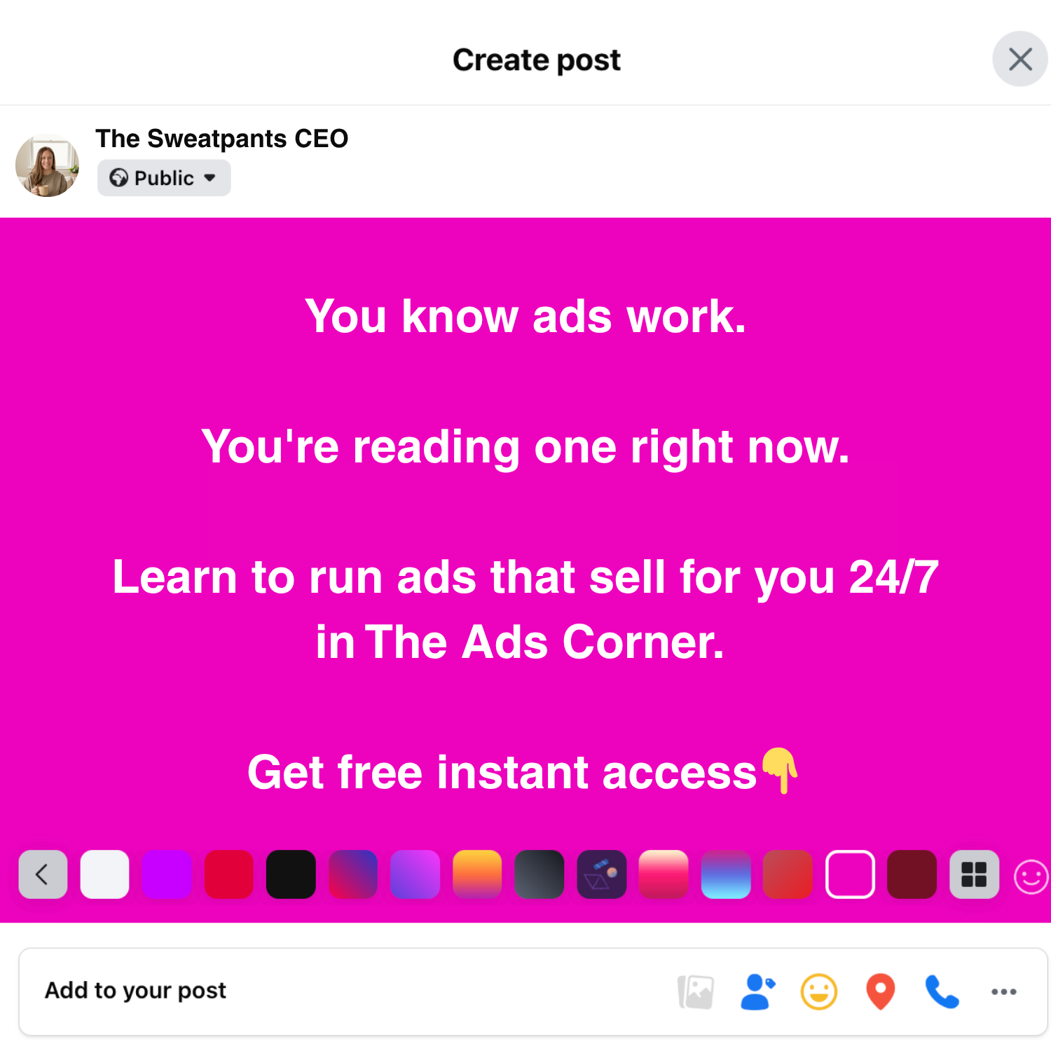 The Sweatpants CEO Facebook ad: Learn Facebook Ads that sell for you 24/7