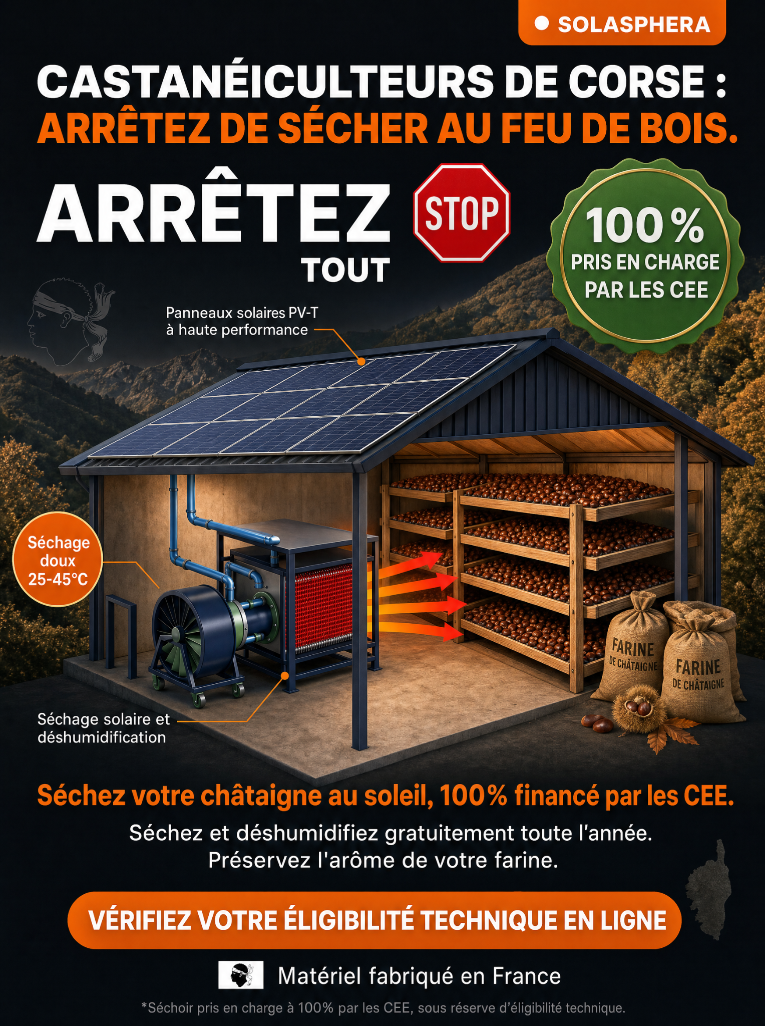 Accompagnement Transition Énergétique Facebook ad: Séchoir solaire châtaigne, financé par les CEE