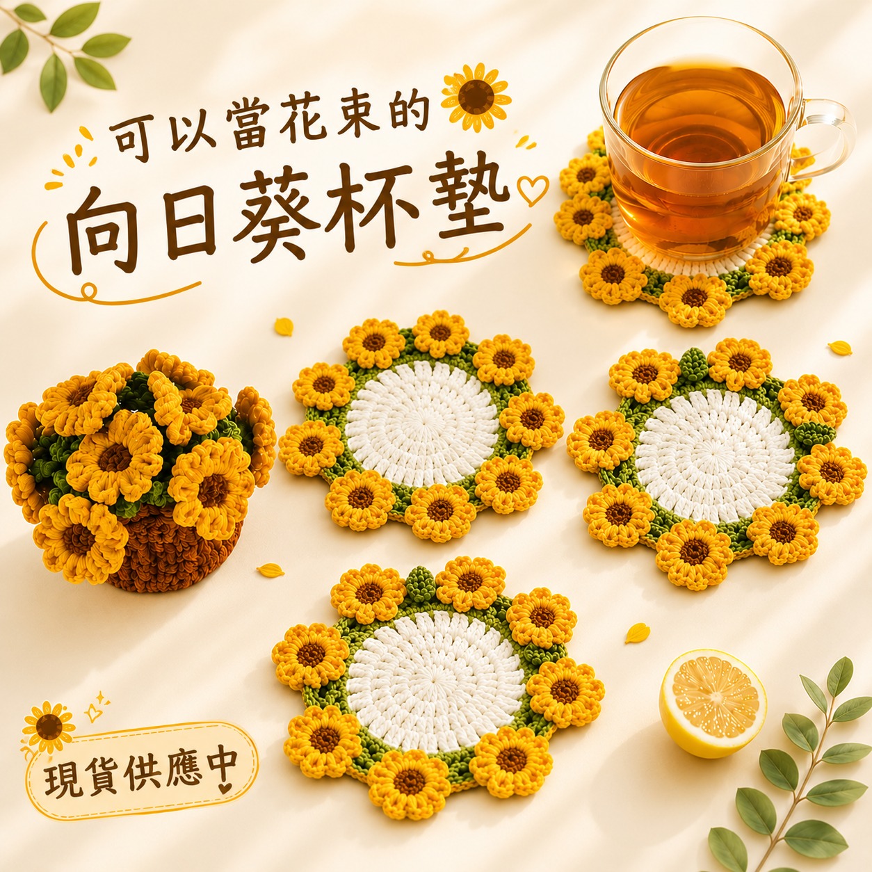 愛禮物 Facebook ad: 向日葵針織杯墊|手作風居家佈置|療癒系桌面小物