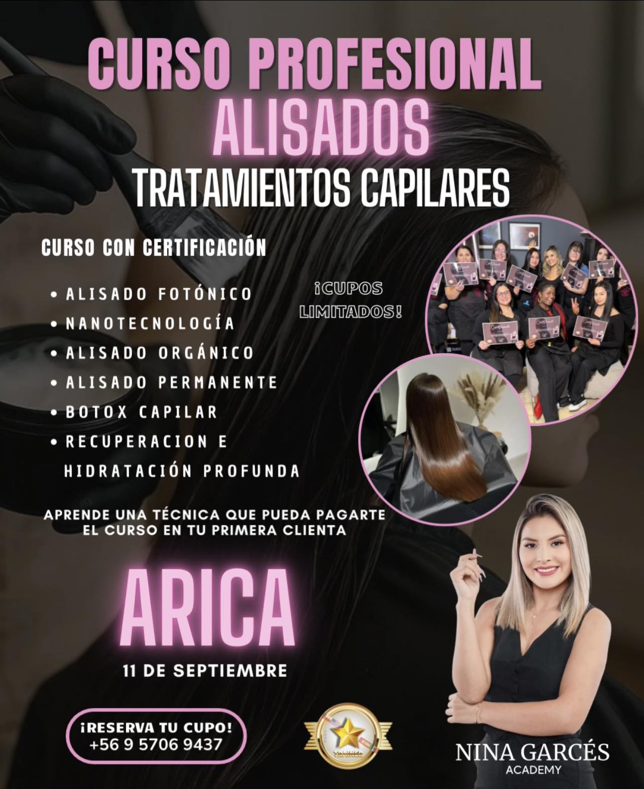 Nina Garcés Academy Facebook ad: ARICA CURSO DE ALISADOS Y TRATAMIENTOS CAPILARES