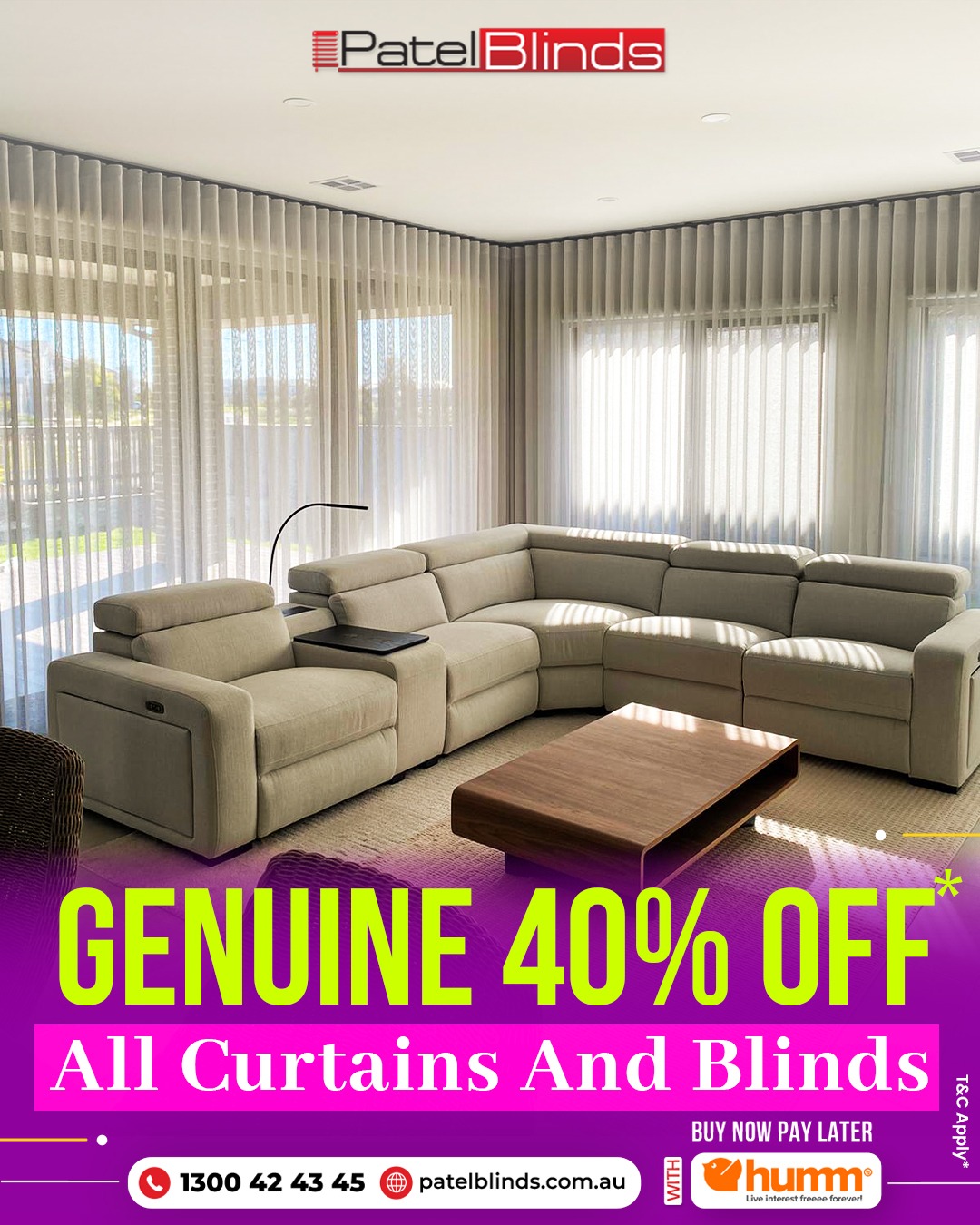 Patel Blinds Facebook ad: 40% OFF Curtains & Blinds, LIMITED TIME SALE!