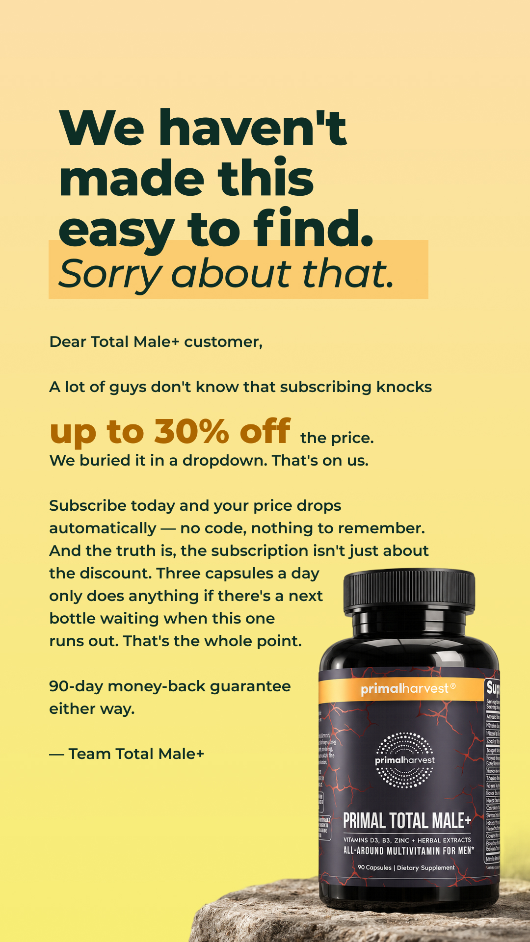 Primal Harvest Facebook ad: An apology, and 30% off.