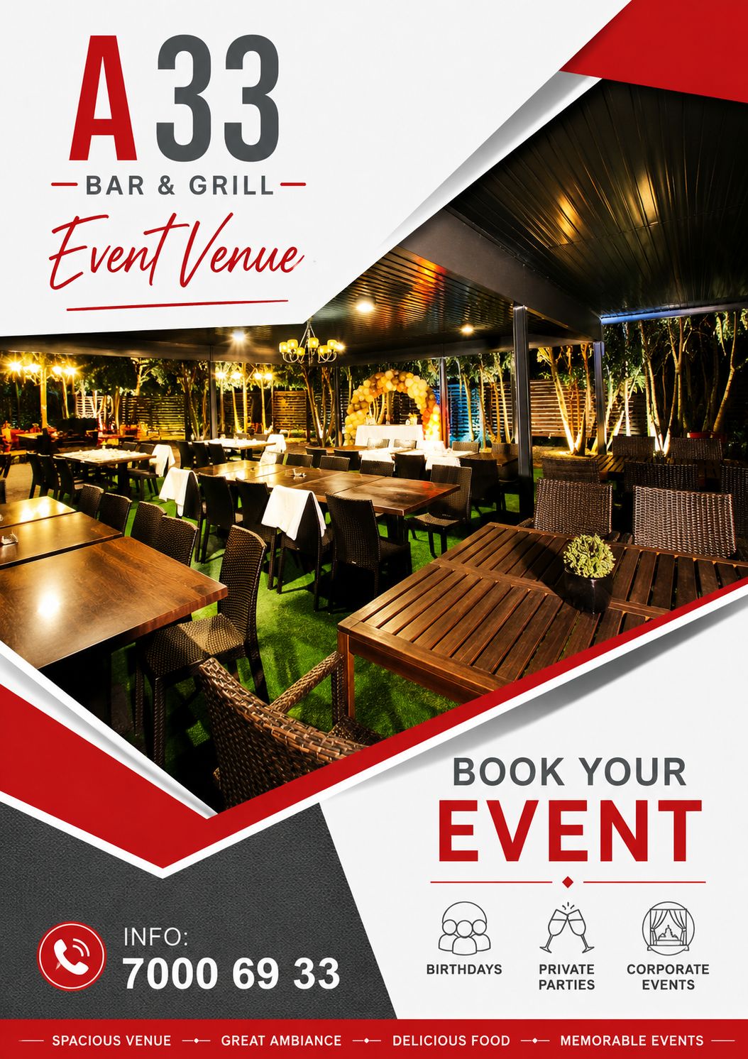A33 Bar & Grill - Event Venue Facebook ad: Book Your Event (Christenings/birthday party/private…