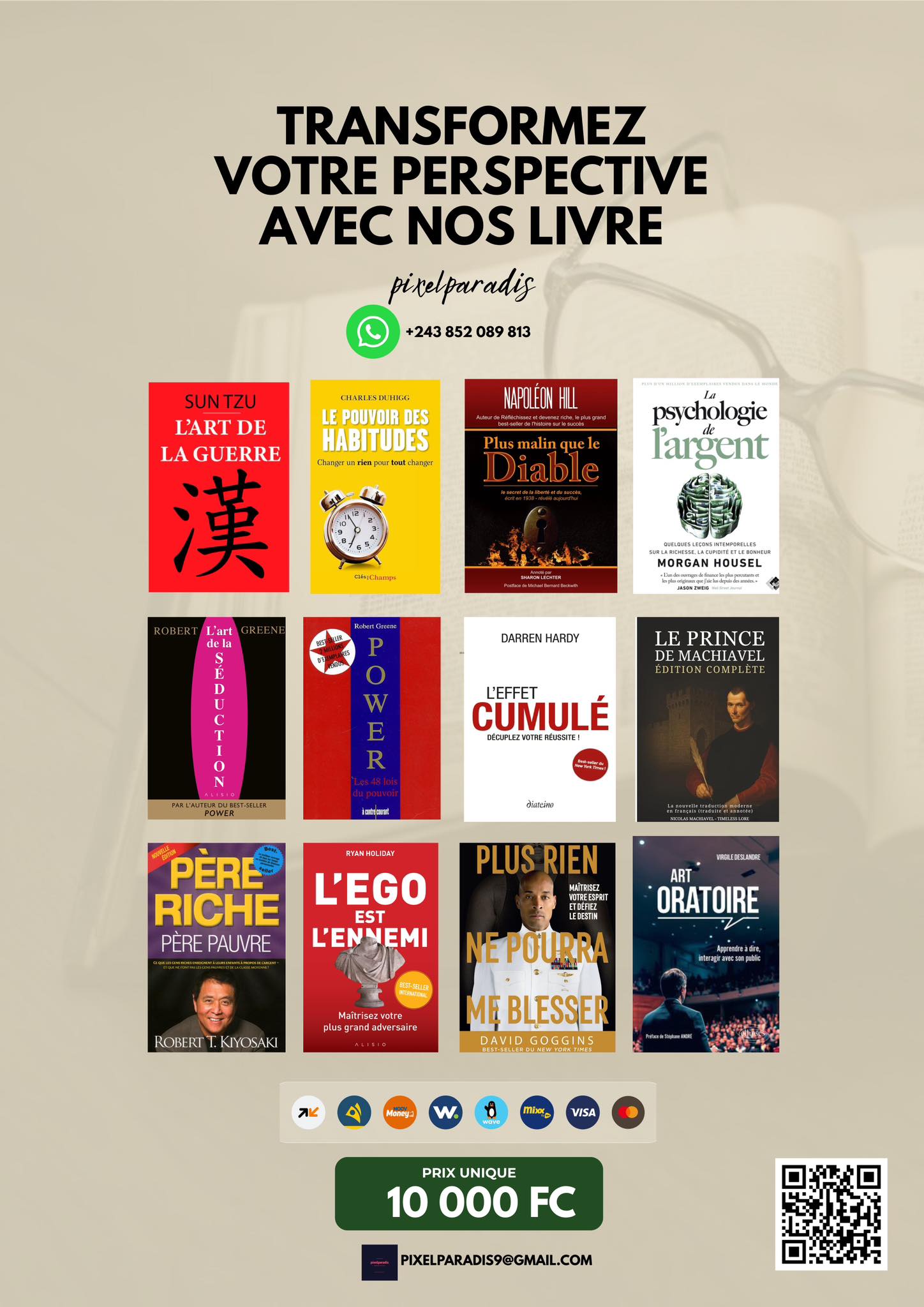 PixelParadis Facebook ad: Transformez votre perspective avec nos livres.