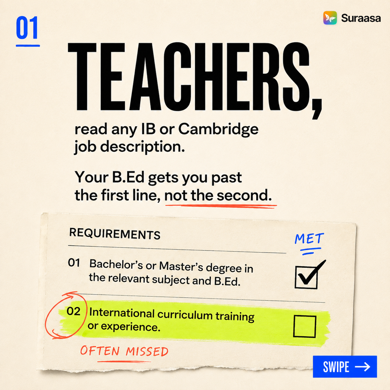 Suraasa Facebook ad: Your B.Ed gets you past the first line.