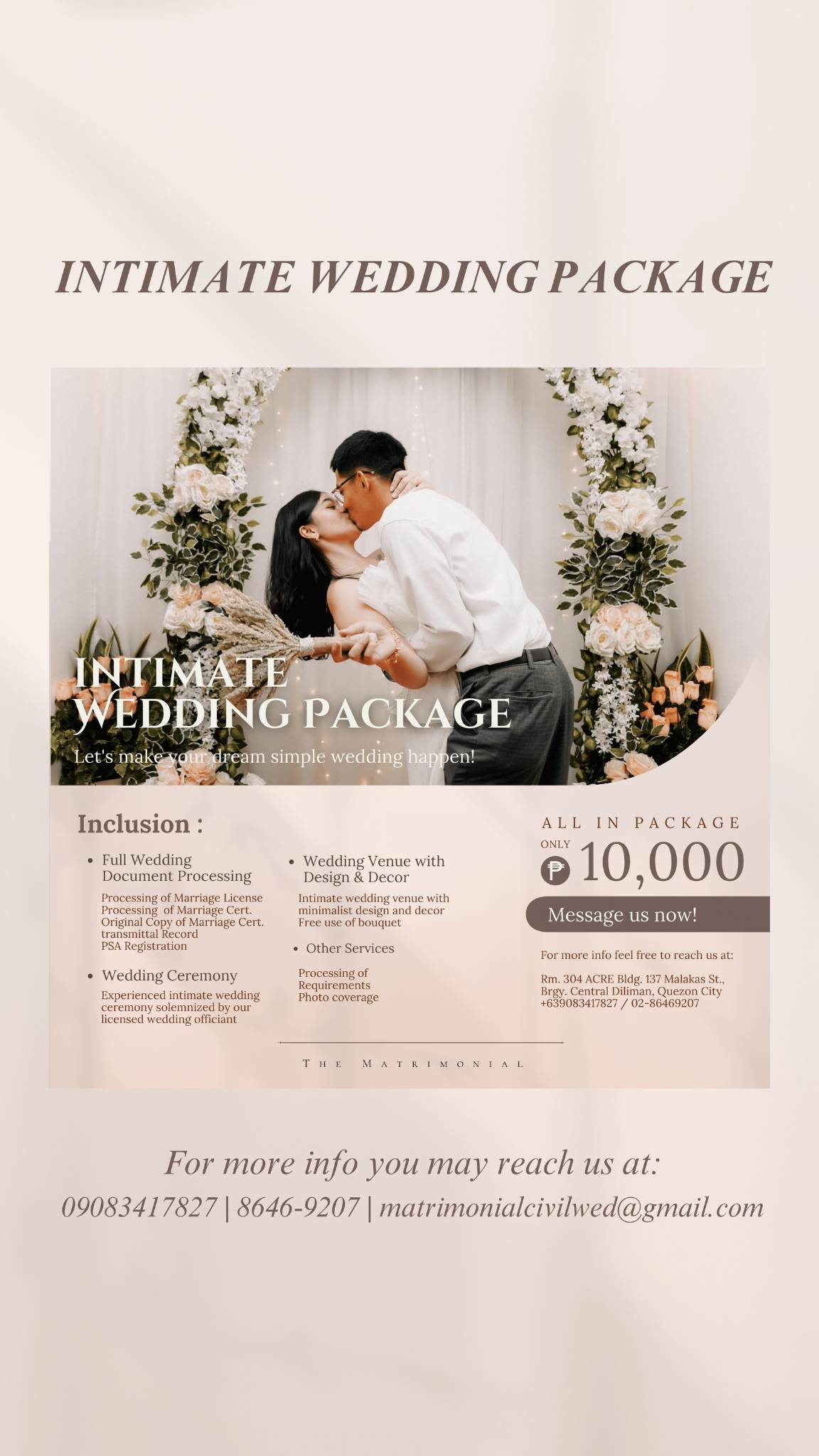 The Matrimonial Civil Wedding Management Facebook ad: HASSLE-FREE INTIMATE WEDDING MANAGEMENT