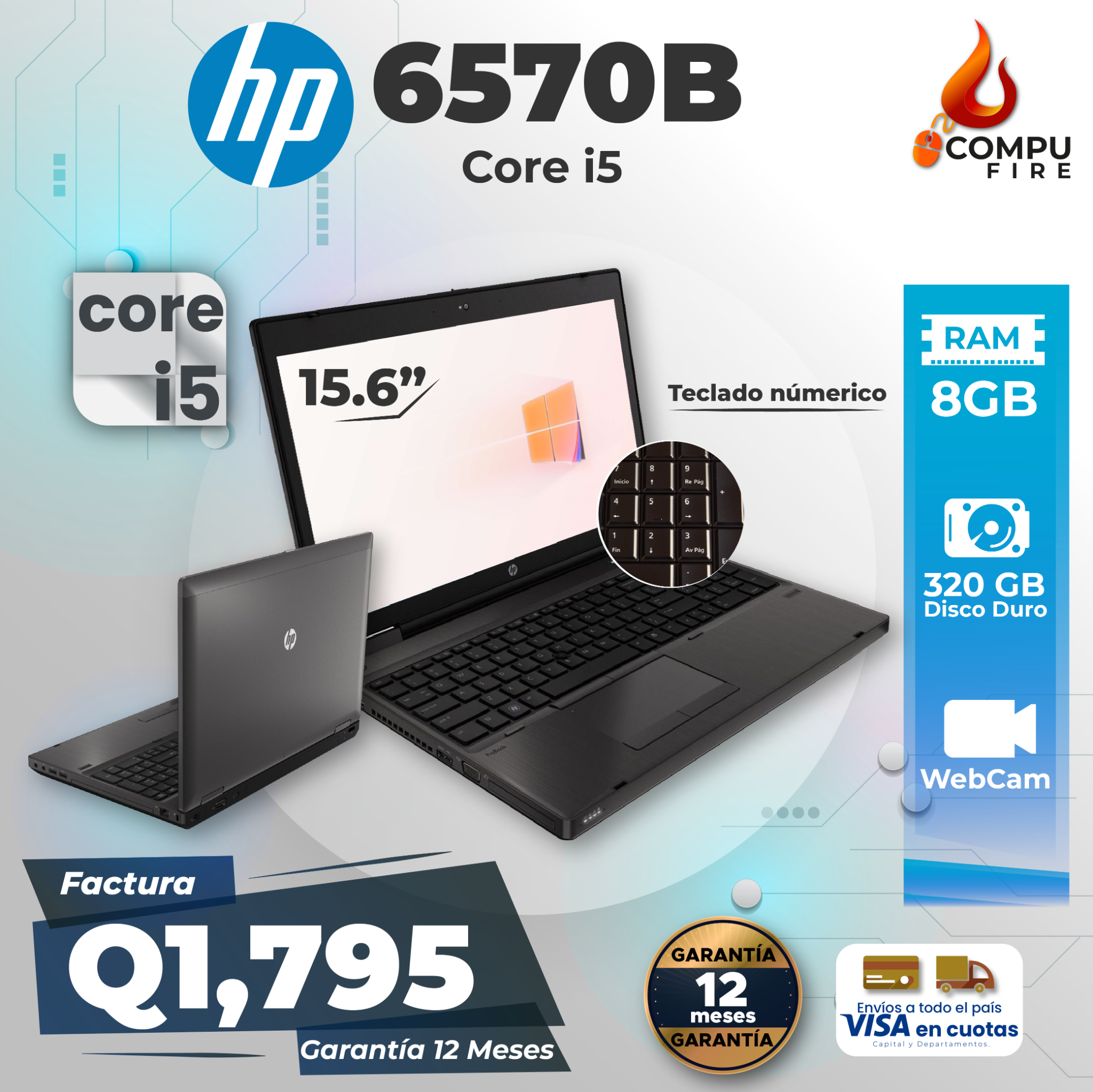 Compu Fire Zona 2 Facebook ad: HP 6570b Core i5 8gb RAM y Teclado Numérico en Q 1,795