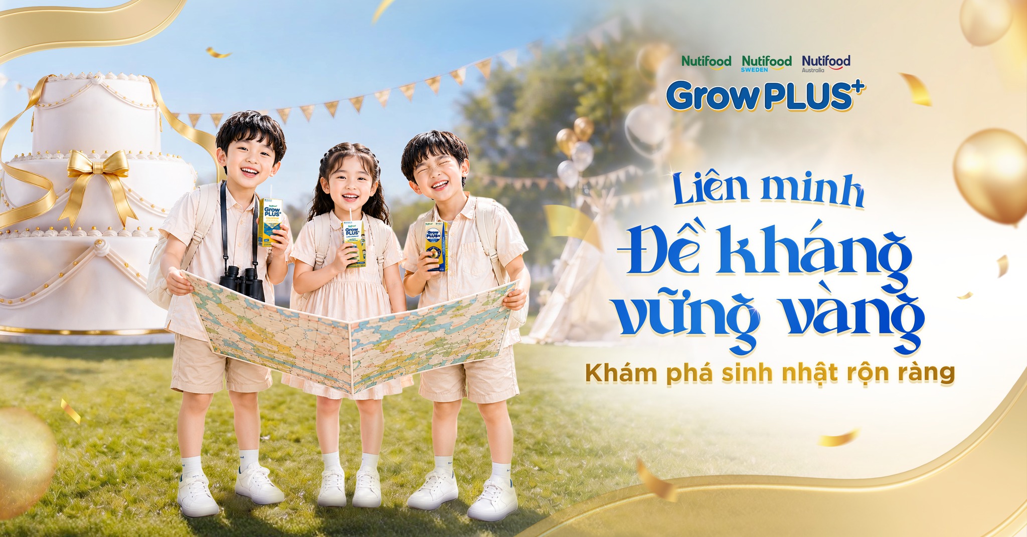 GrowPLUS+ NutiFood Facebook ad: LÁ CHẮN VÀNG SẴN SÀNG, BÉ CHƠI HẾT…