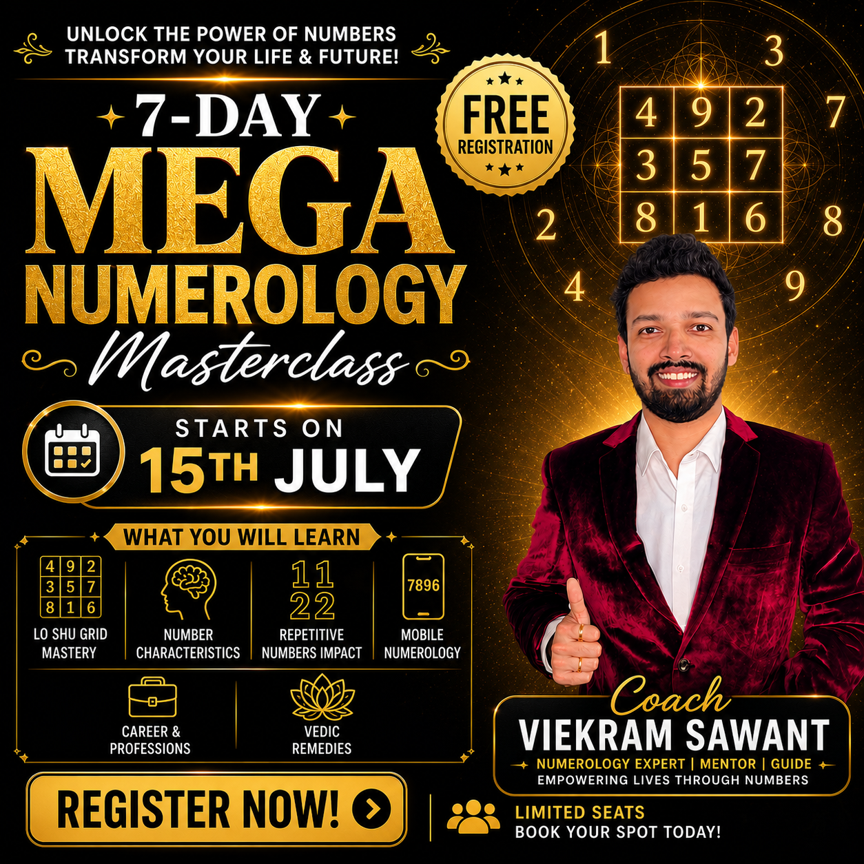 Viekram Sawant Numerologist Facebook ad: Join 7-Days FREE Numerology Masterclass!