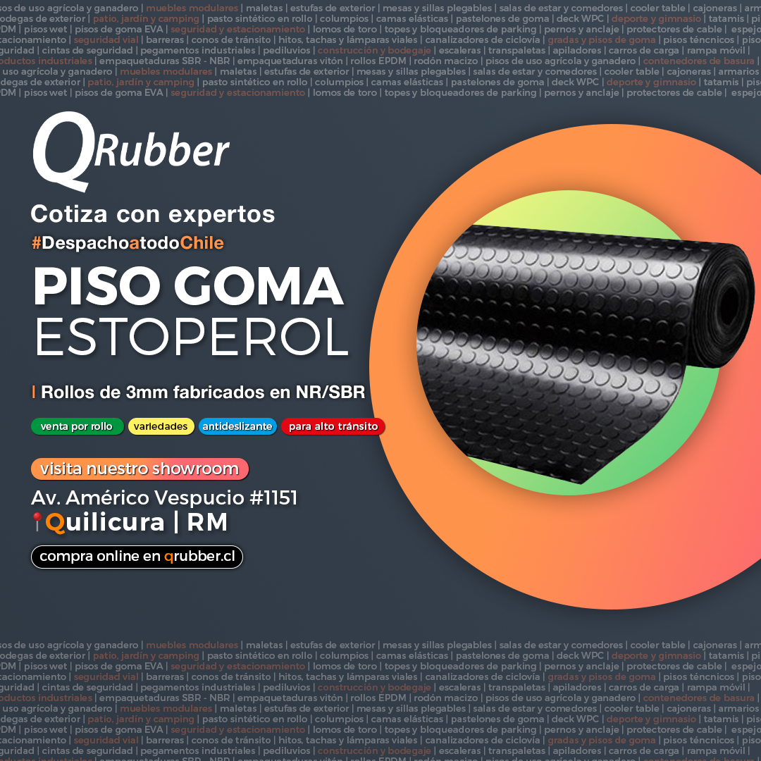 QRubber Facebook ad: Pisos de goma en rollo, gradas para escaleras…