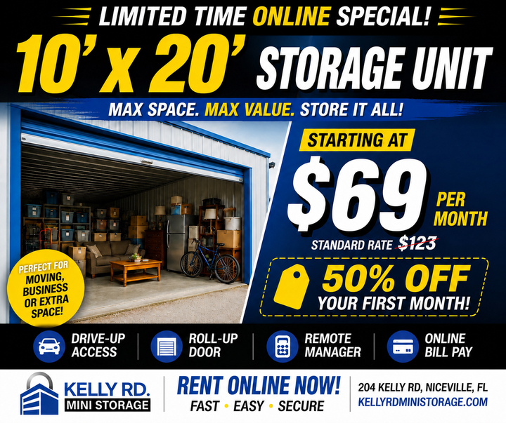 Kelly Rd Mini Storage Facebook ad: 10 × 20 Storage Units, Starting at $69/Month