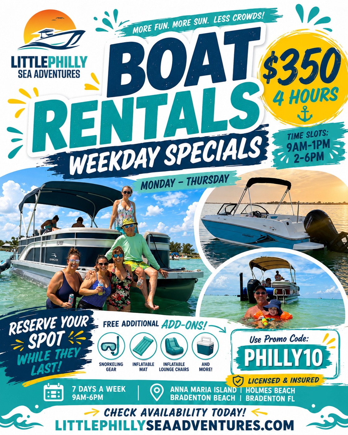 Little Philly Sea Adventures Facebook ad: Boat Rentals Weekday Specials are here!