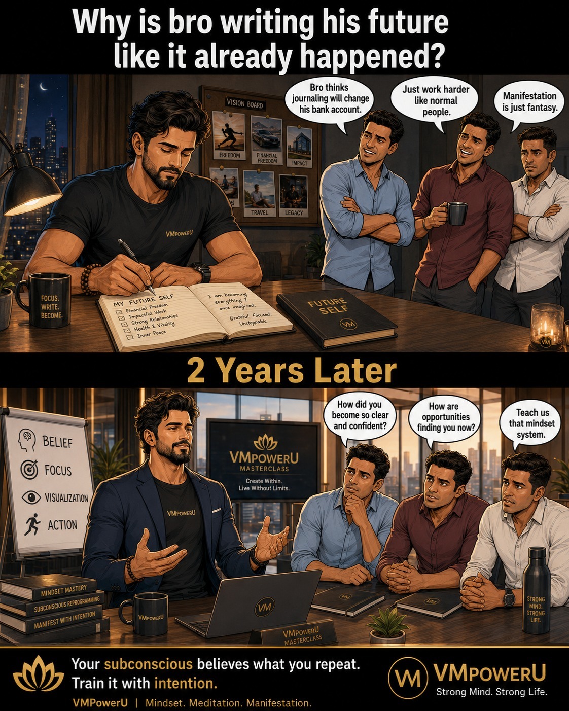 VMPowerU Facebook ad: Bro meditates at 6 AM.