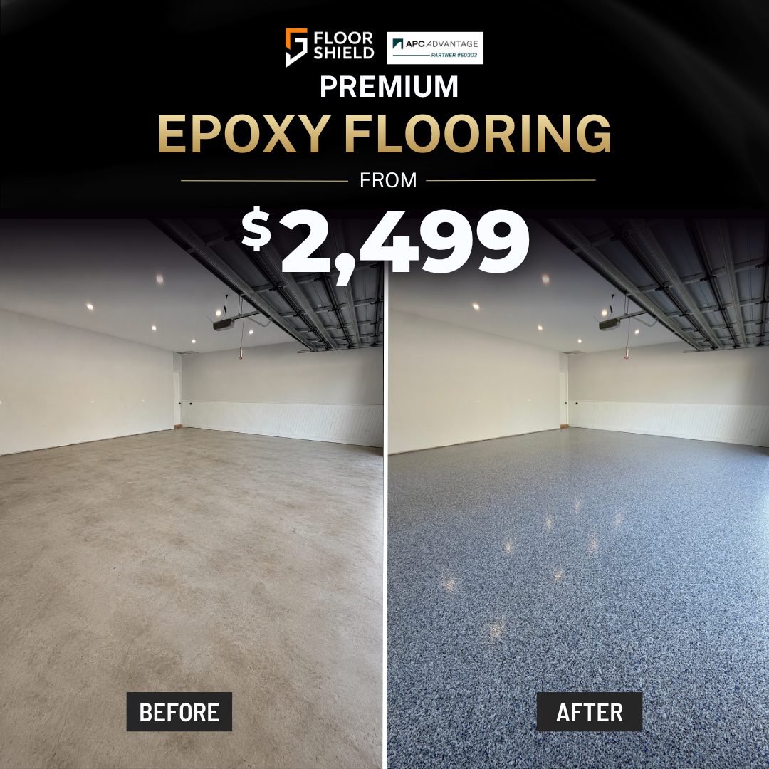Floor Shield Facebook ad: 5-Coat Epoxy Garage Floors, From Just $2,499
